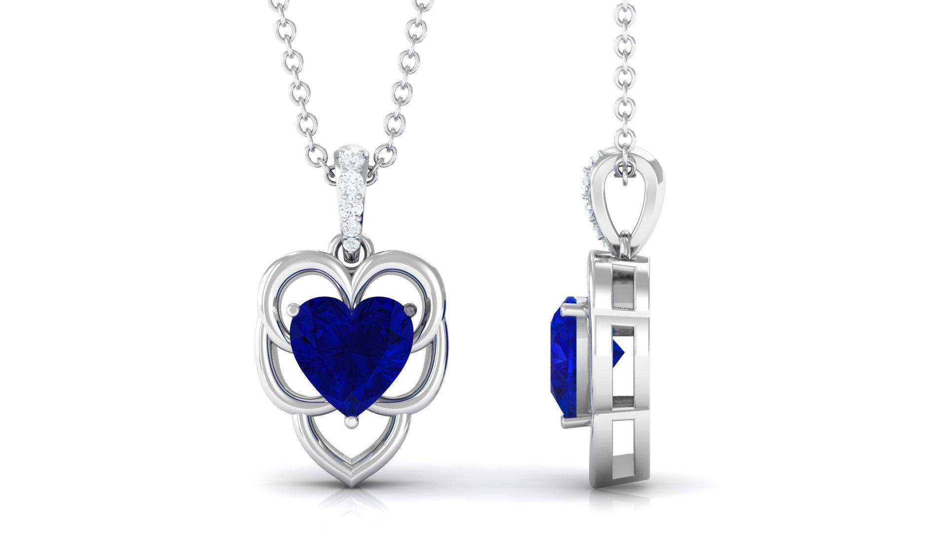 Heart Shape Created Blue Sapphire Leaf Pendant with Diamond Accent Bail Lab Created Blue Sapphire - ( AAAA ) - Quality - Rosec Jewels