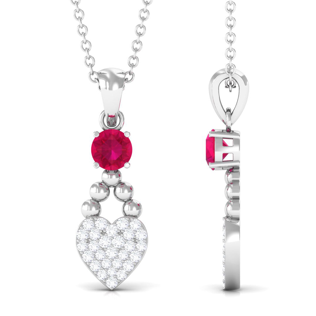 Round Shape Ruby and Diamond Heart Pendant Ruby - ( AAA ) - Quality - Rosec Jewels