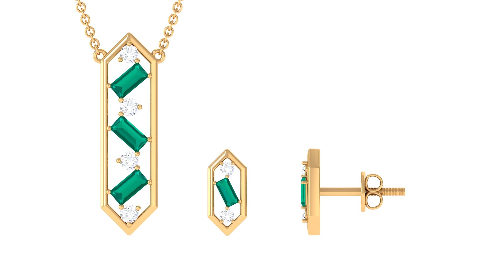 Contemporary Emerald and Diamond Dangle jewelry Set Emerald - ( AAA ) - Quality - Rosec Jewels