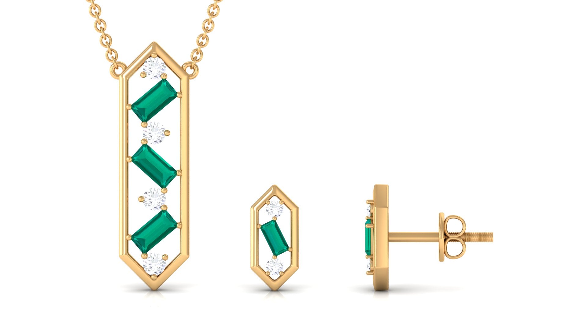 Contemporary Emerald and Diamond Dangle jewelry Set Emerald - ( AAA ) - Quality - Rosec Jewels