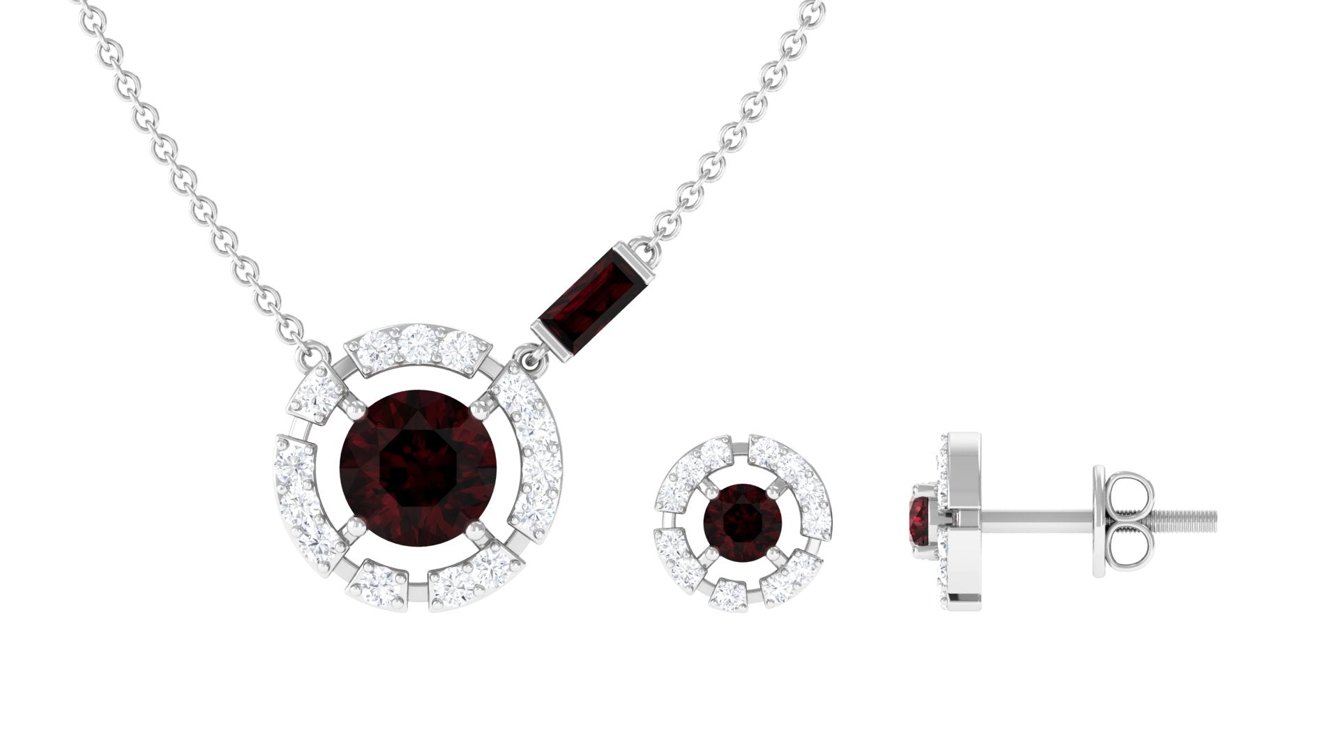 Real Garnet Pendant Necklace and Earrings Set With Diamond Garnet - ( AAA ) - Quality - Rosec Jewels