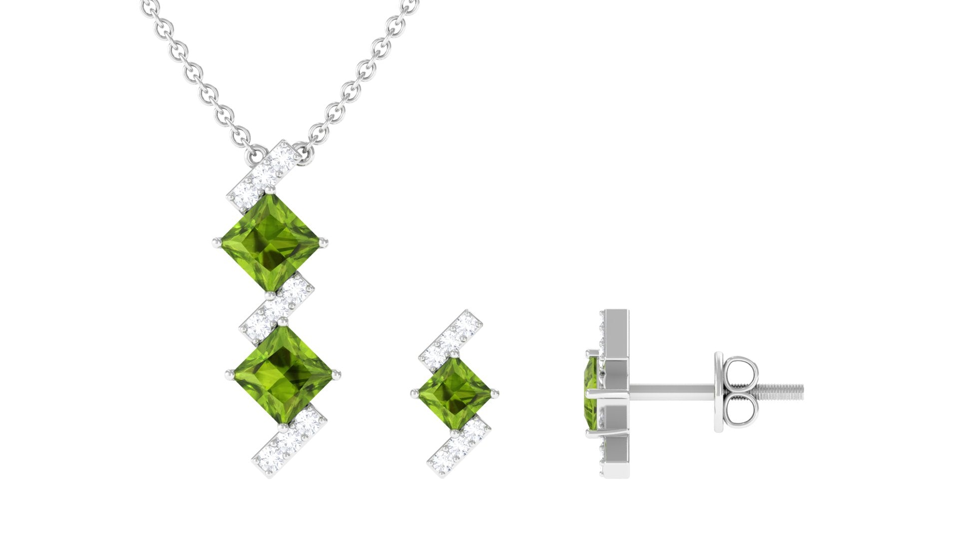 Princess Cut Peridot Modern Jewelry Set with Diamond Peridot - ( AAA ) - Quality - Rosec Jewels