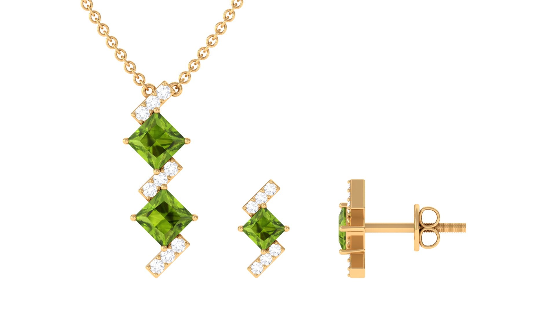 Princess Cut Peridot Modern Jewelry Set with Diamond Peridot - ( AAA ) - Quality - Rosec Jewels