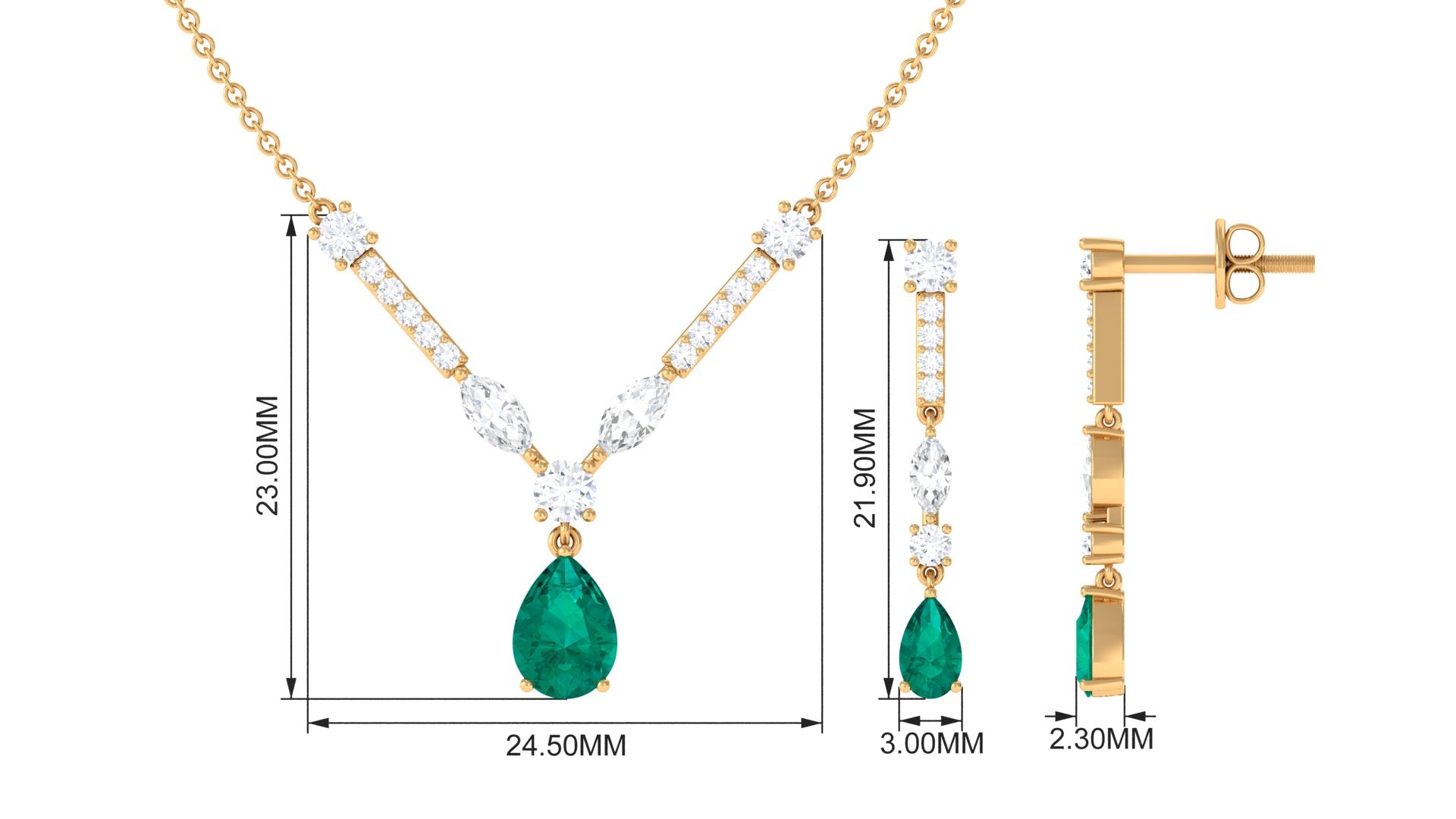 Emerald and Moissanite Drop Necklace Earrings Set Emerald - ( AAA ) - Quality - Rosec Jewels