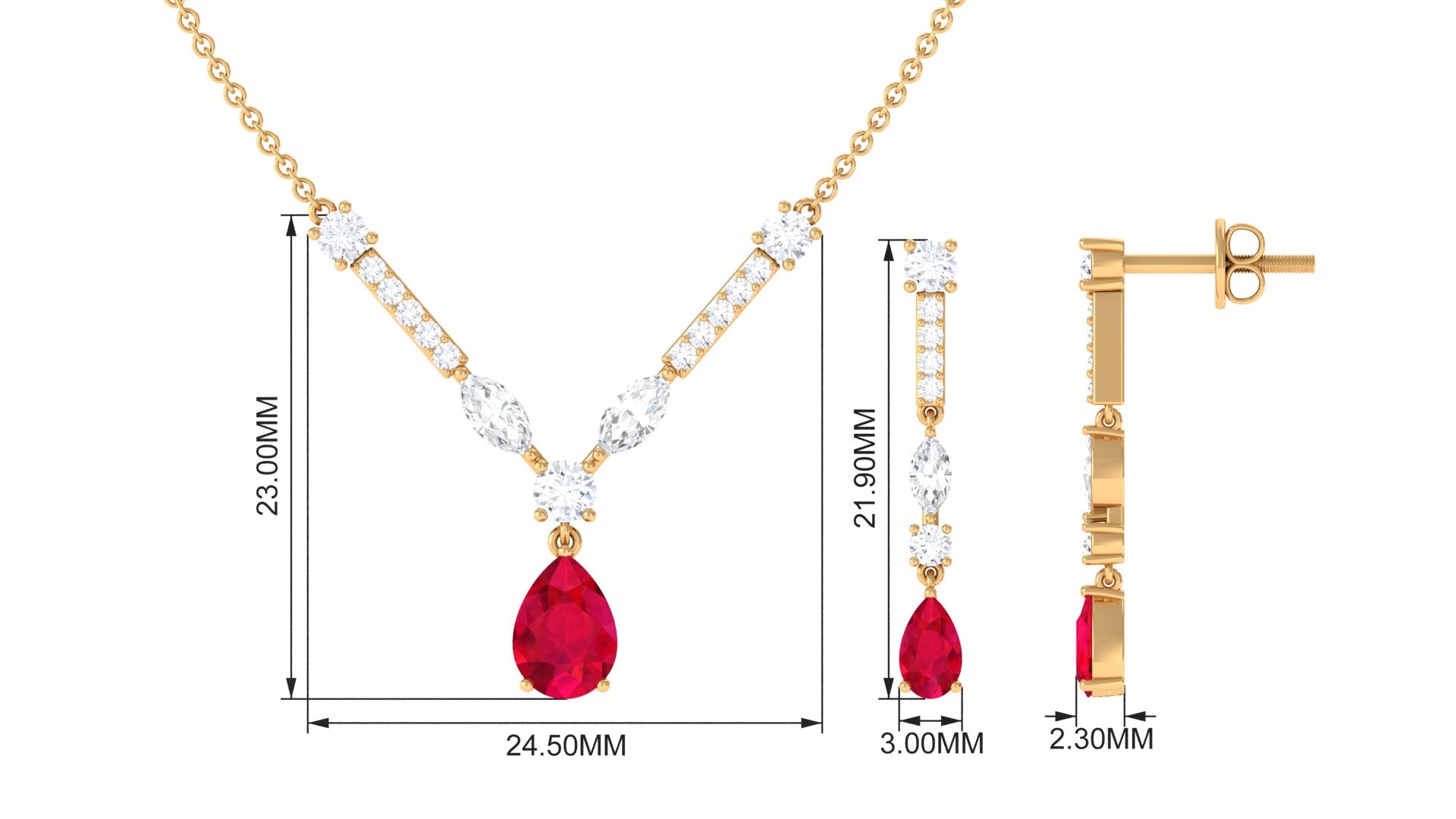 Created Ruby and Moissanite Drop Necklace Earrings Set Lab Created Ruby - ( AAAA ) - Quality - Rosec Jewels