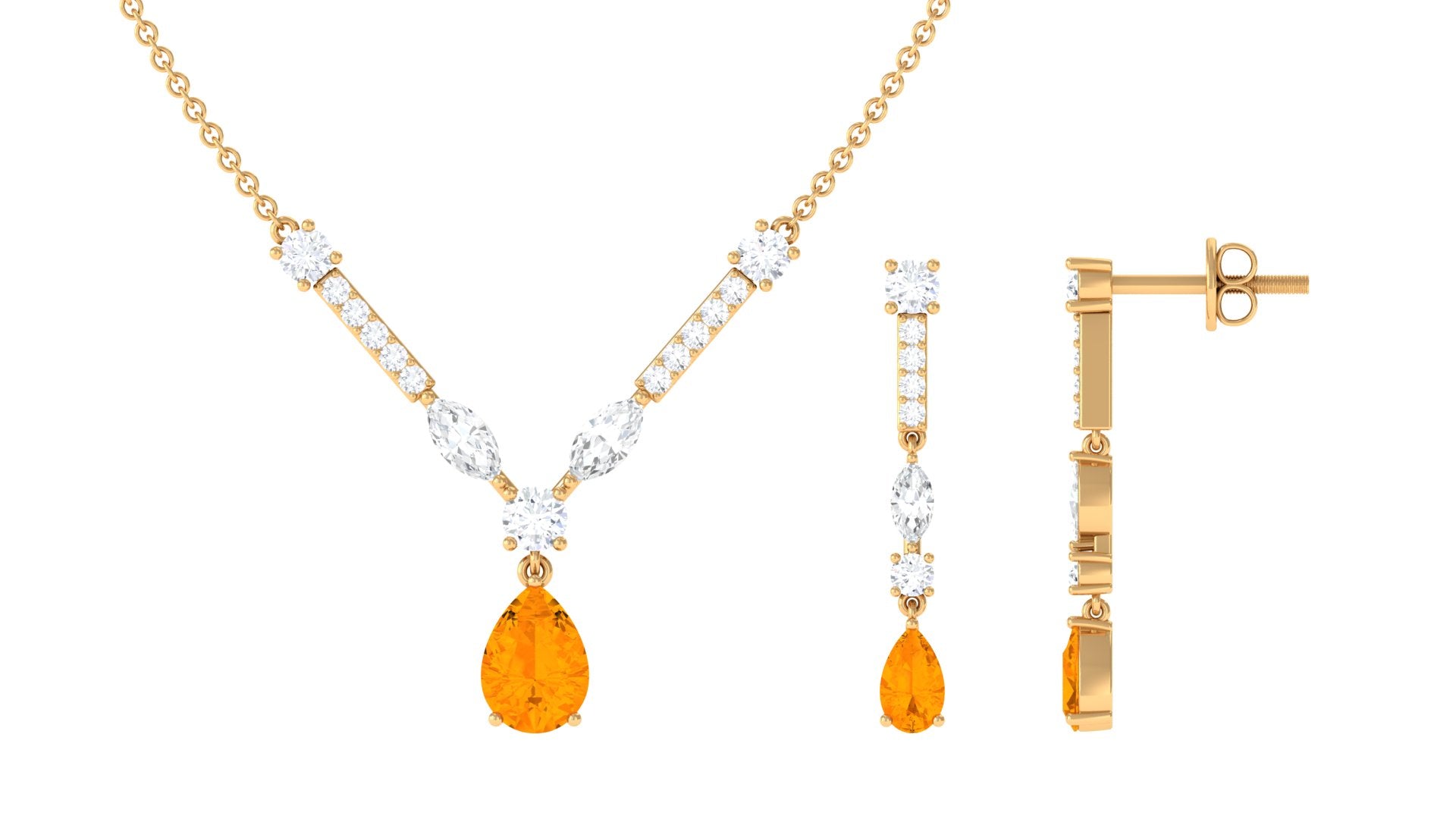 Fire Opal and Moissanite Drop Necklace Earrings Set Fire Opal - ( AAA ) - Quality - Rosec Jewels