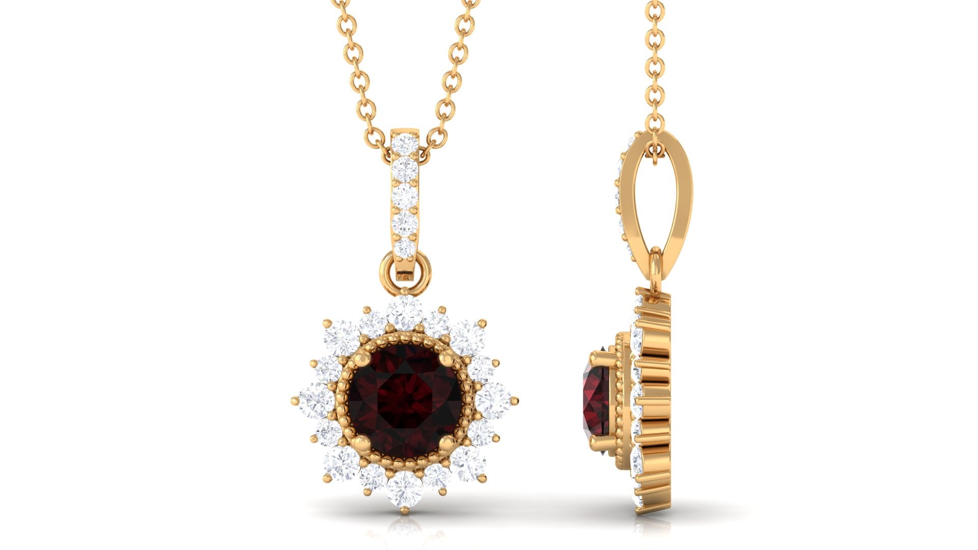 Garnet Beaded Pendant Necklace with Diamond Halo Garnet - ( AAA ) - Quality - Rosec Jewels