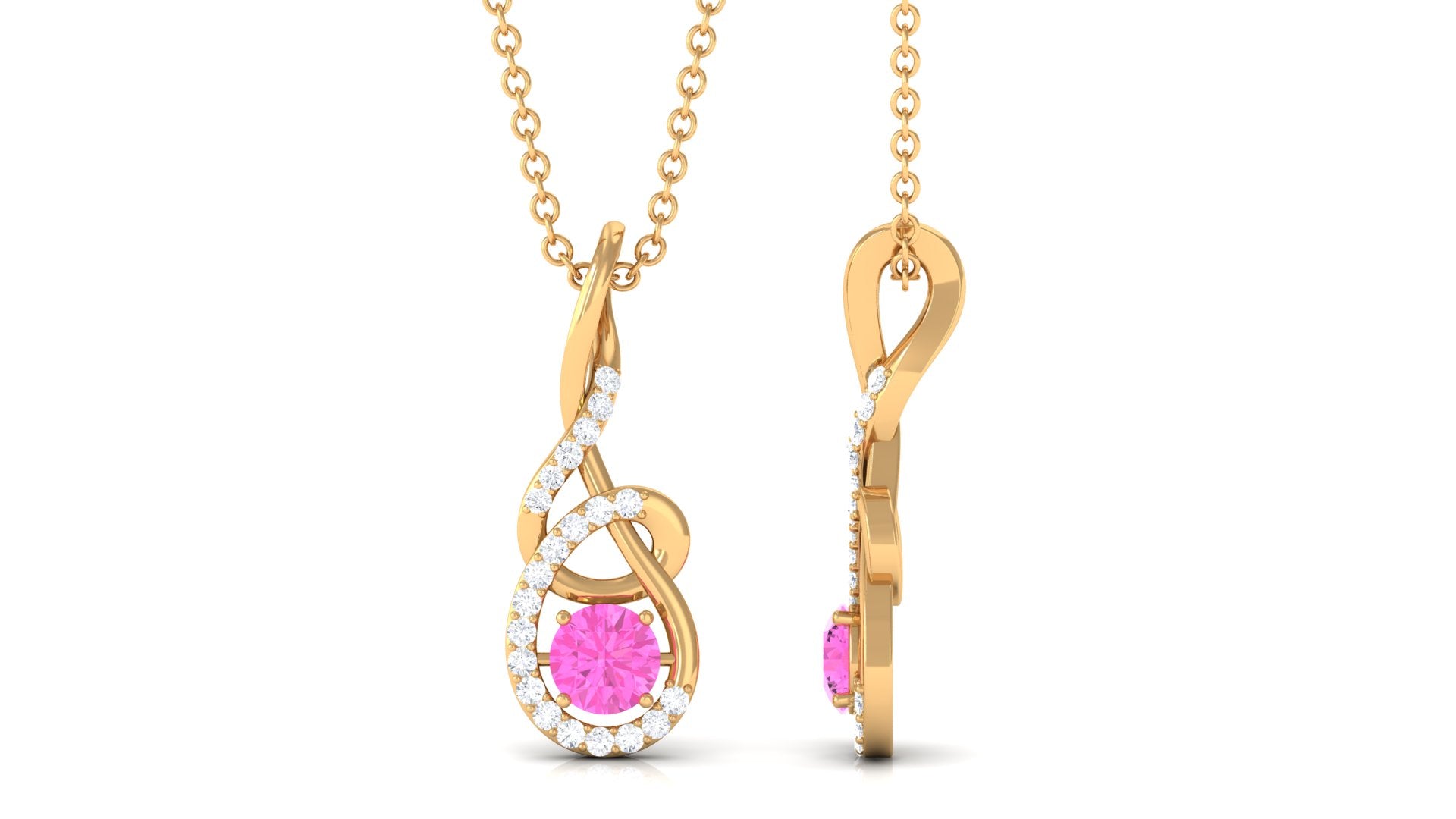 Round Pink Sapphire and Diamond Twisted Pendant Necklace Pink Sapphire - ( AAA ) - Quality - Rosec Jewels