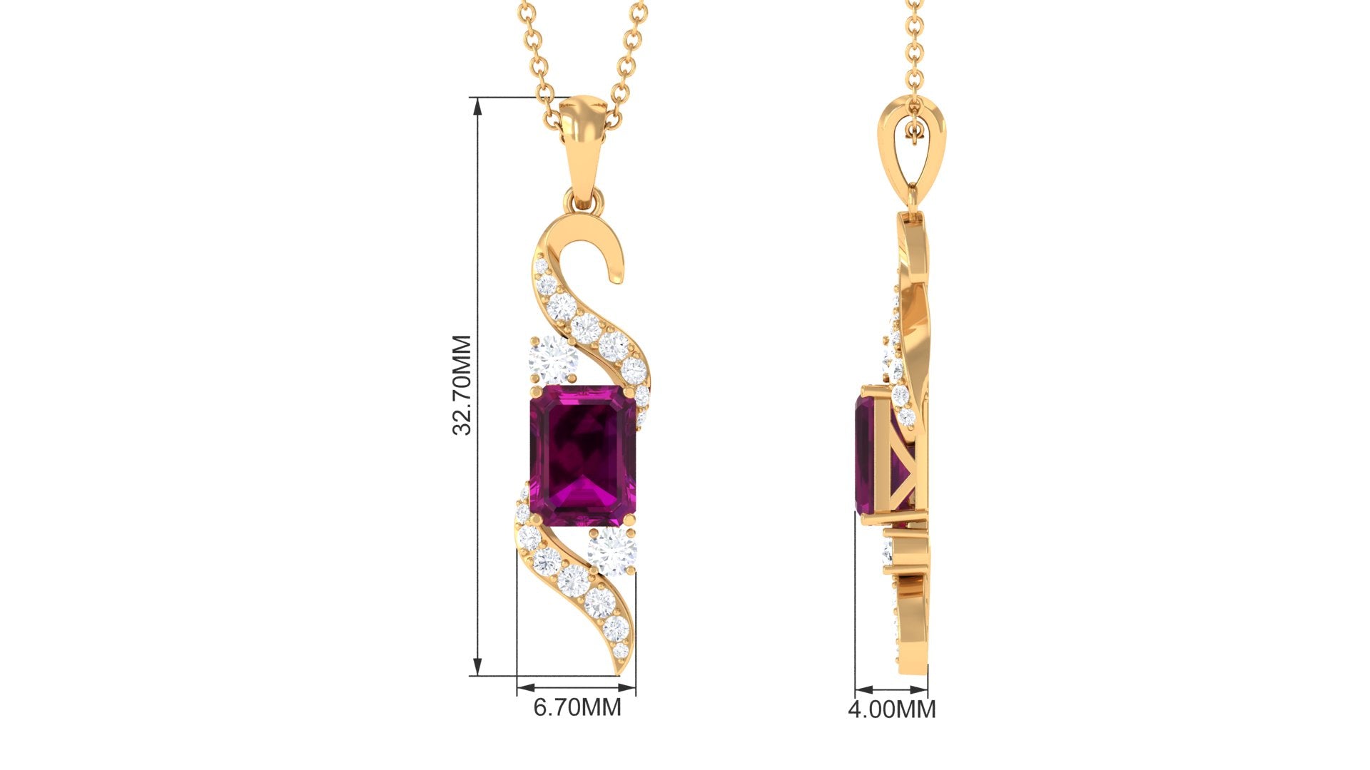 2.75 CT Emerald Cut Rhodolite Designer Drop Pendant with Diamond Rhodolite - ( AAA ) - Quality - Rosec Jewels