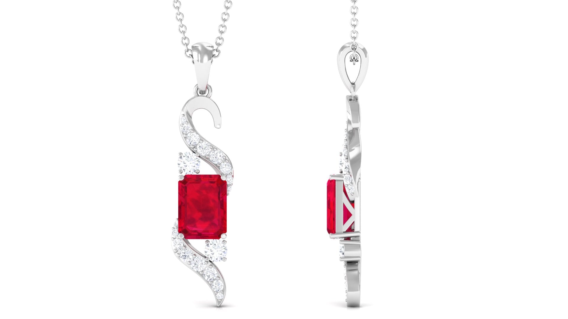 Emerald Cut Created Ruby Designer Dangle Pendant with Diamond Lab Created Ruby - ( AAAA ) - Quality - Rosec Jewels