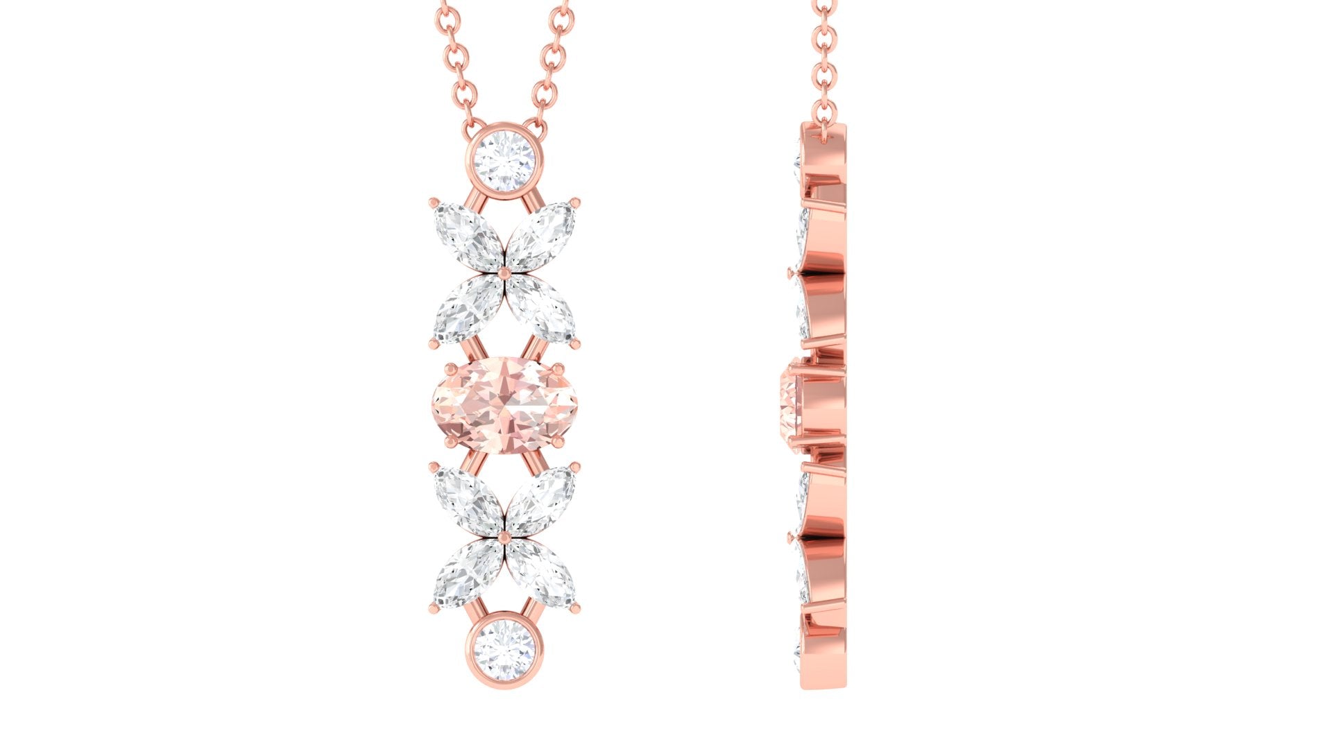 Oval Morganite Flower Dangle Pendant Necklace with Diamond Morganite - ( AAA ) - Quality - Rosec Jewels