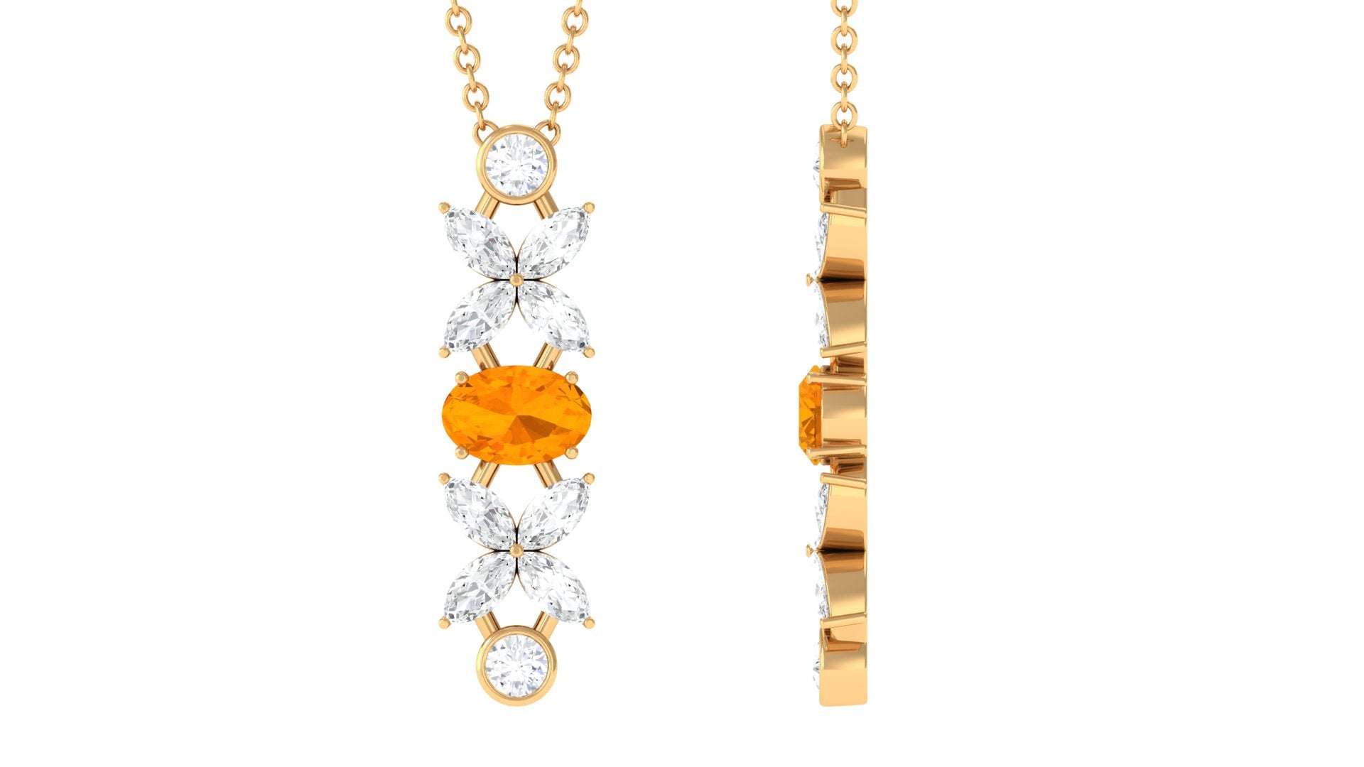 Oval Fire Opal and Moissanite Flower Dangle Necklace in Gold Fire Opal - ( AAA ) - Quality - Rosec Jewels