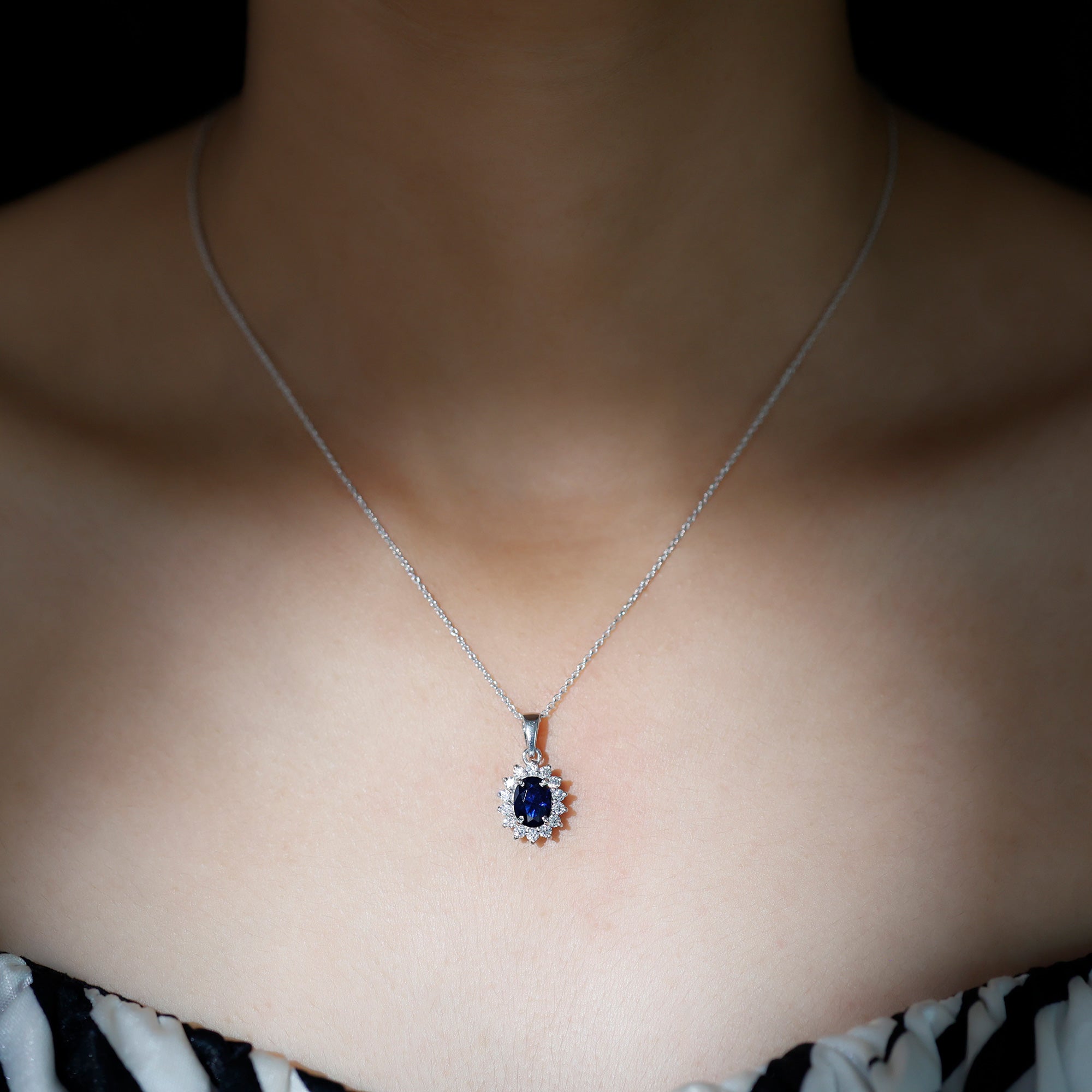 Oval Cut Created Blue Sapphire Halo Pendant Necklace with Diamond Lab Created Blue Sapphire - ( AAAA ) - Quality - Rosec Jewels