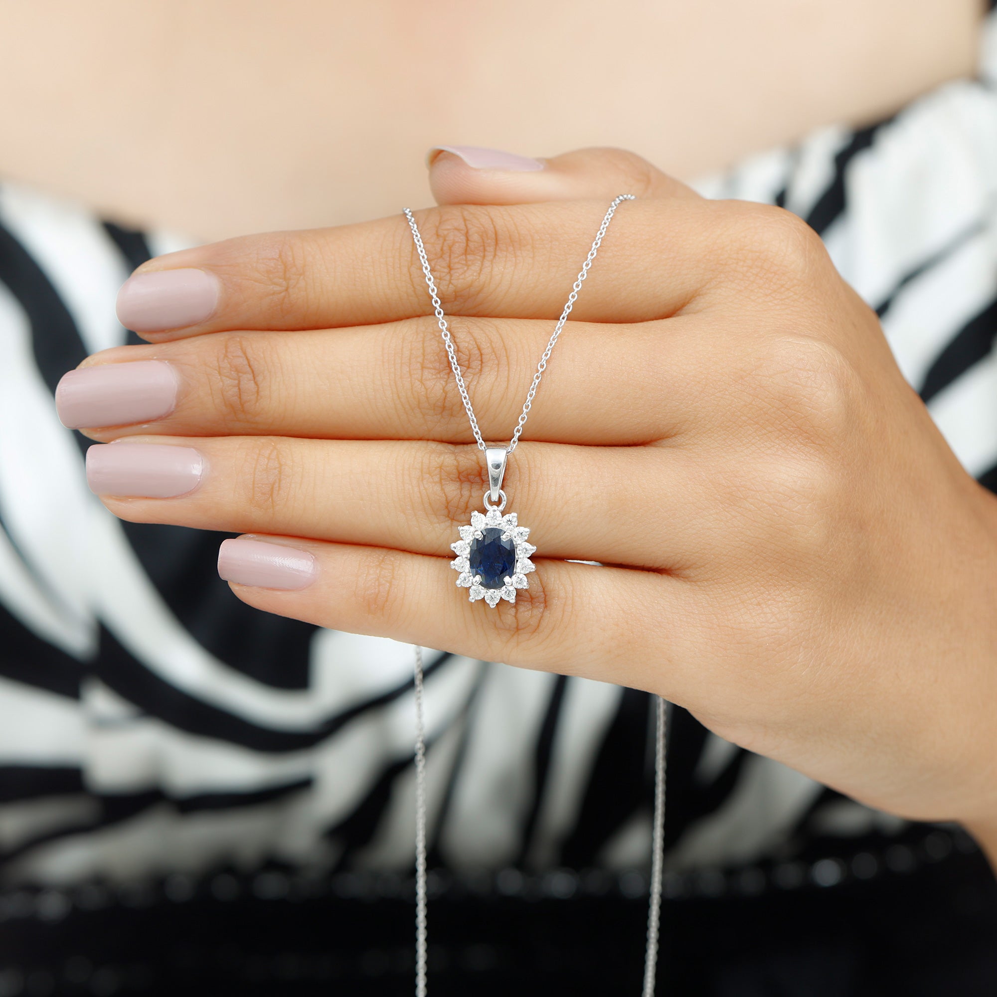 Oval Cut Created Blue Sapphire Halo Pendant Necklace with Diamond Lab Created Blue Sapphire - ( AAAA ) - Quality - Rosec Jewels