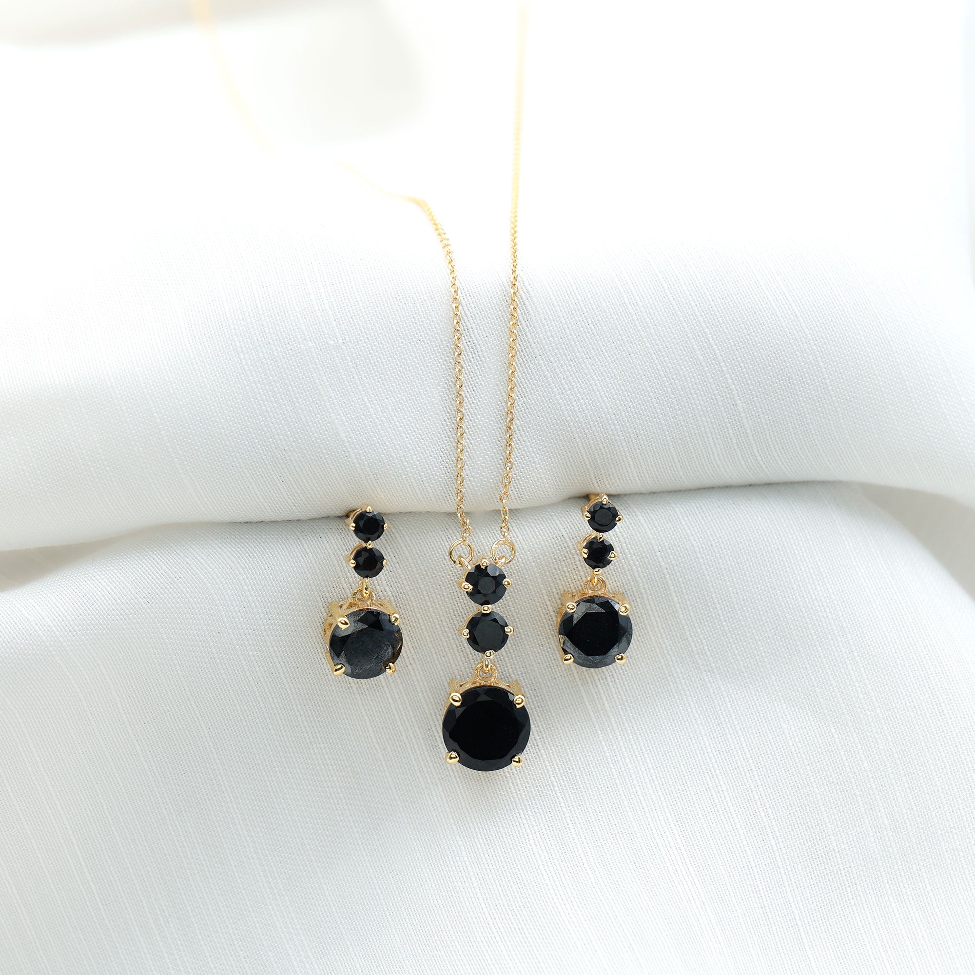 Black Onyx Three Stone Dangle Jewelry Set Black Onyx - ( AAA ) - Quality - Rosec Jewels