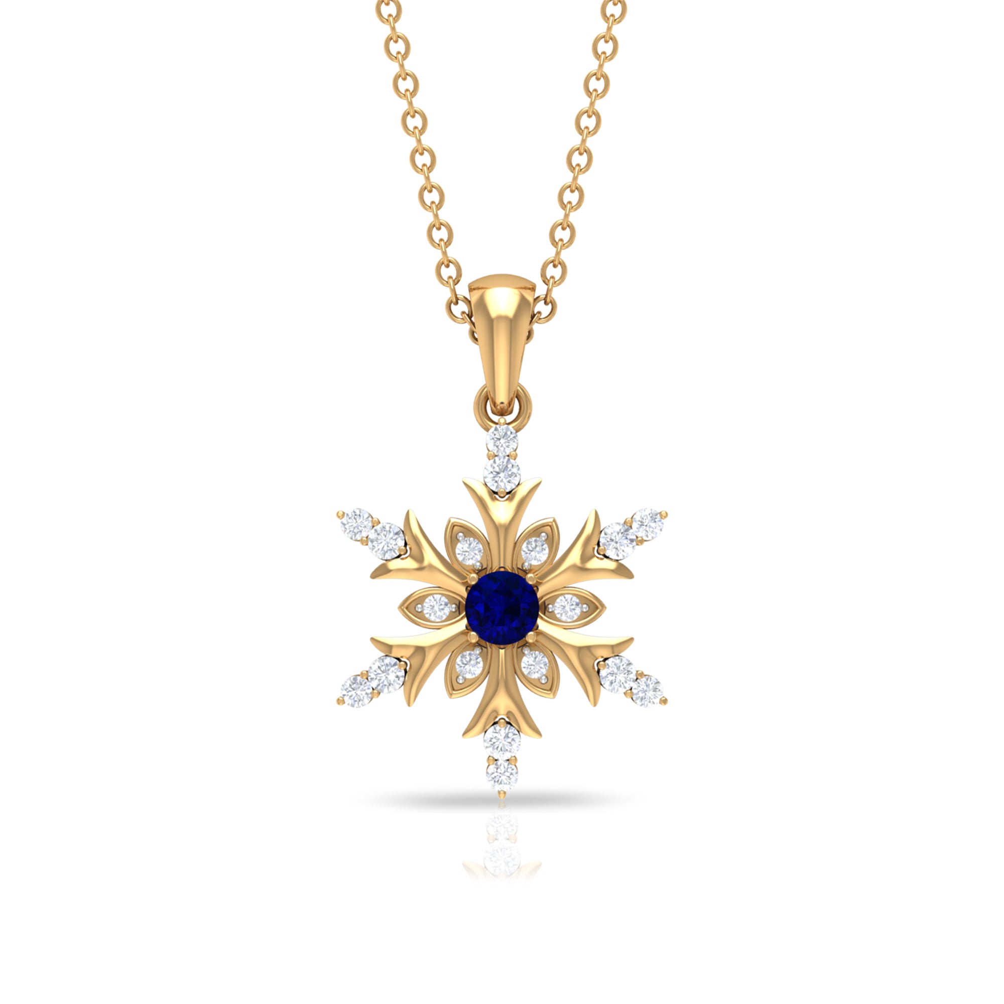 Created Blue Sapphire Designer Snowflake Pendant with Diamond Lab Created Blue Sapphire - ( AAAA ) - Quality - Rosec Jewels