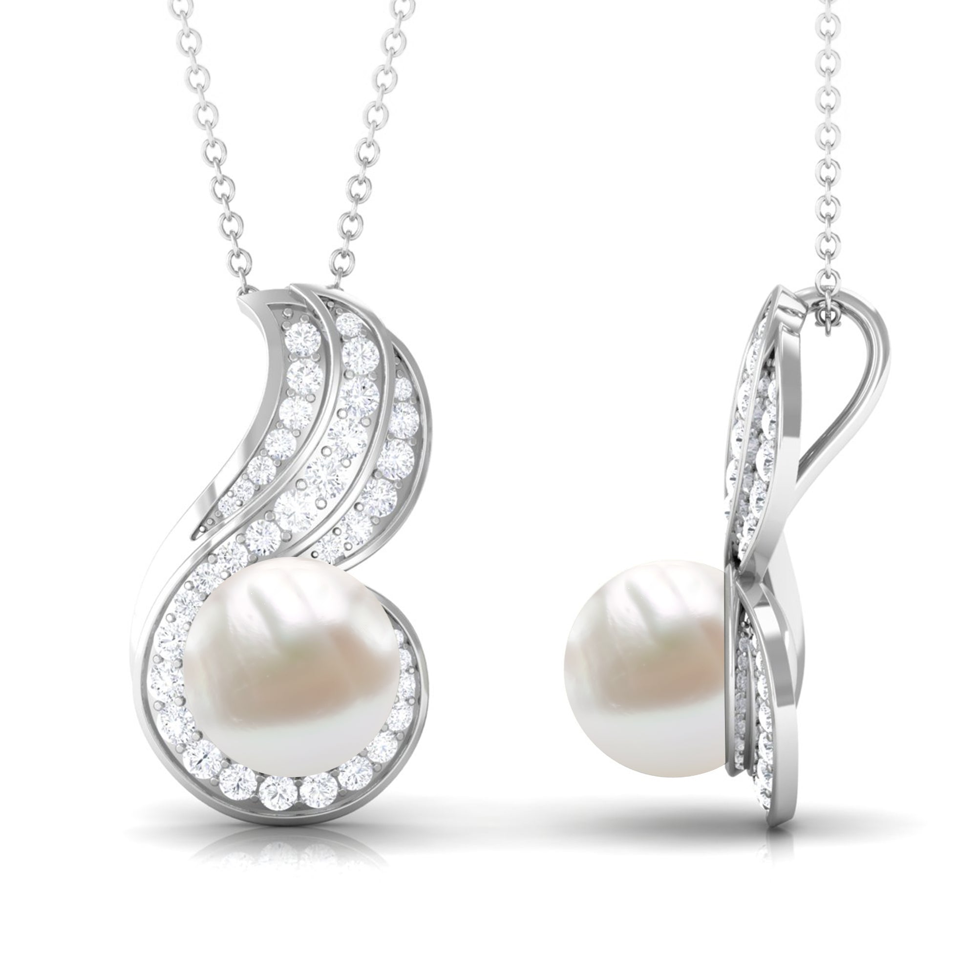 Contemporary Freshwater Pearl Pendant Necklace with Diamond Freshwater Pearl - ( AAA ) - Quality - Rosec Jewels