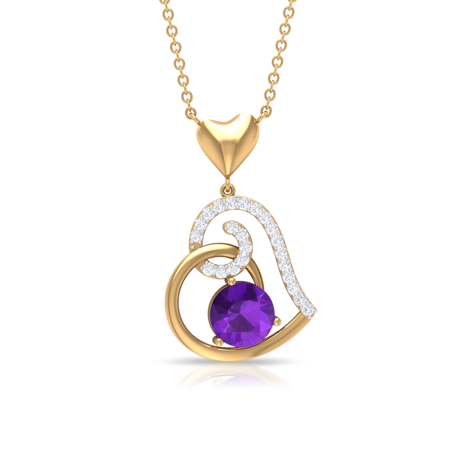 Classic Amethyst Heart Drop Necklace with Diamond Amethyst - ( AAA ) - Quality - Rosec Jewels