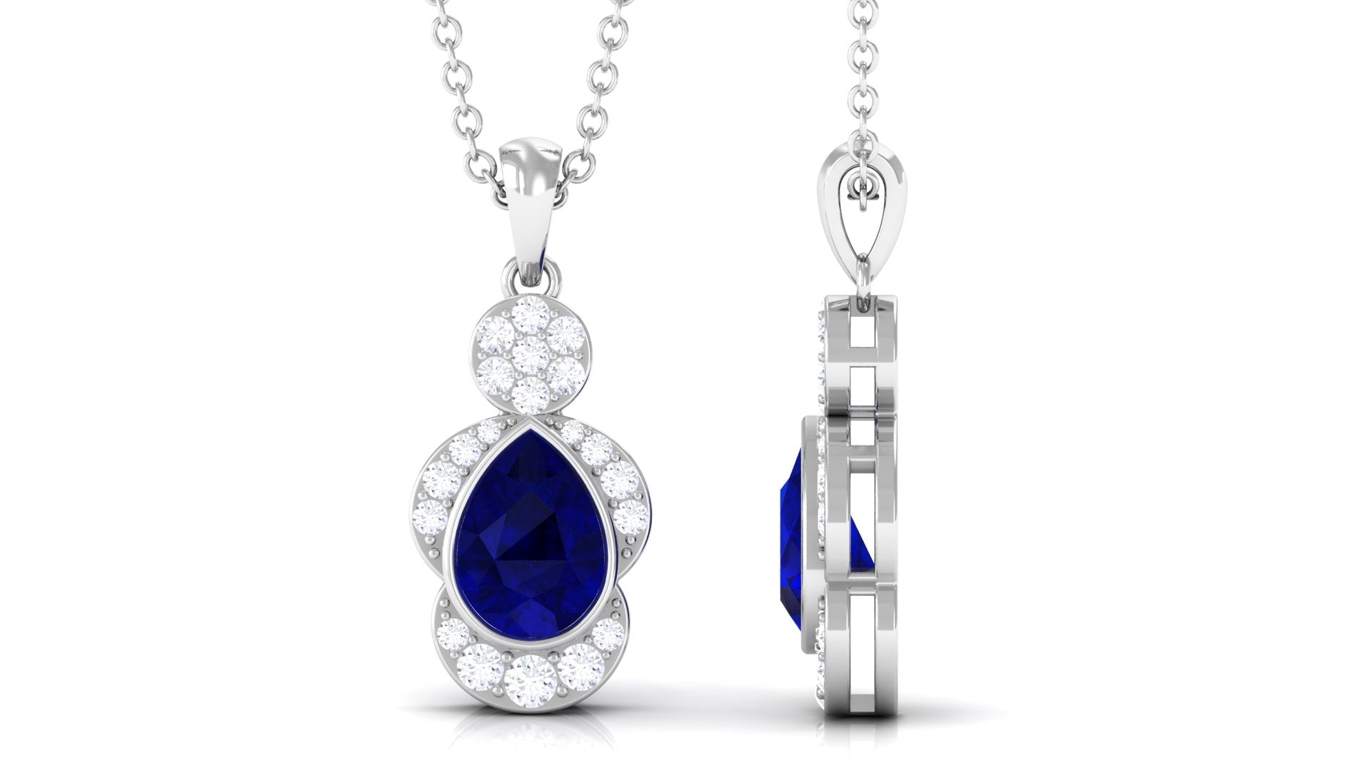 Bezel Set Pear Cut Blue Sapphire Designer Drop Pendant with Diamond Blue Sapphire - ( AAA ) - Quality - Rosec Jewels