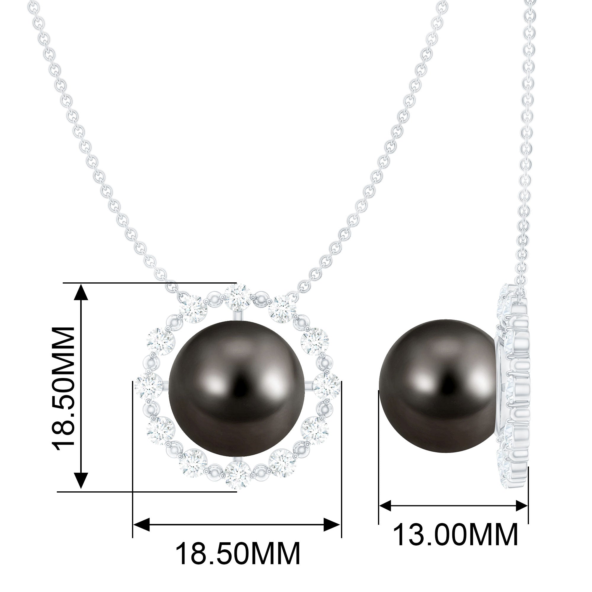 Round Tahitian Pearl Solitaire Necklace with Diamond and Beaded Detailing Tahitian pearl - ( AAA ) - Quality - Rosec Jewels