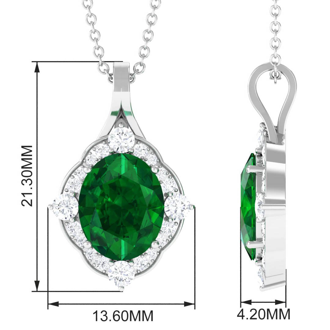 Vintage Style Oval Halo Pendant with Created Emerald and Diamond Lab Created Emerald - ( AAAA ) - Quality - Rosec Jewels