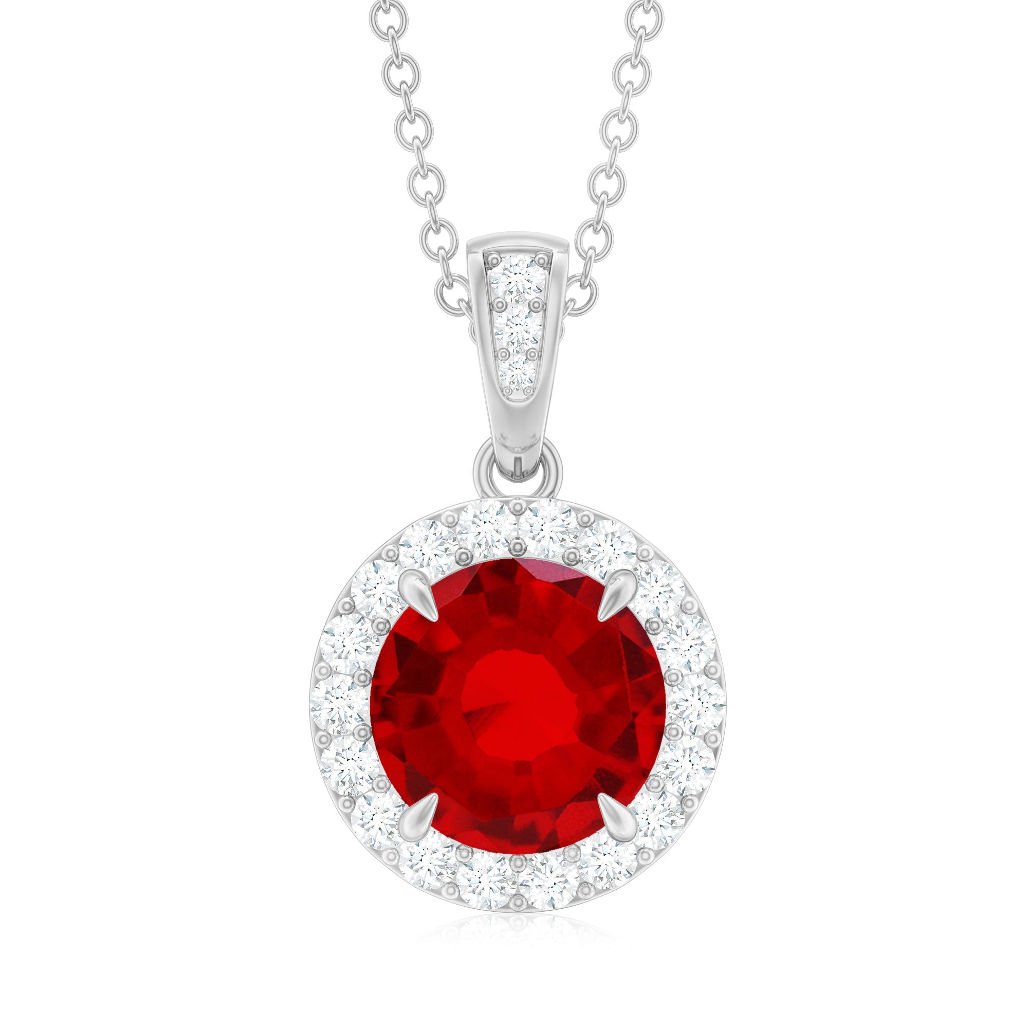 Round Created Ruby and Diamond Classic Halo Pendant Lab Created Ruby - ( AAAA ) - Quality - Rosec Jewels