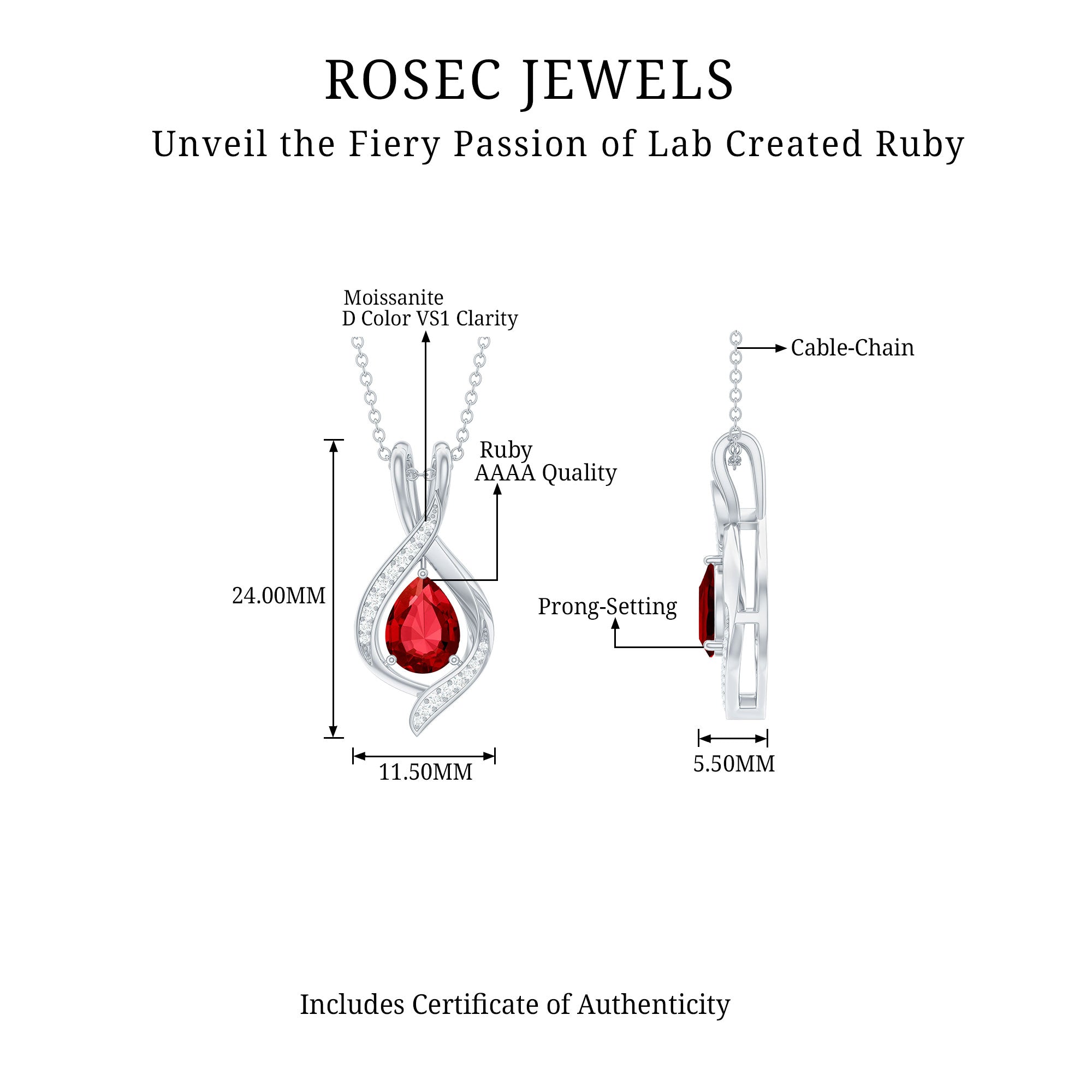 Pear Cut Created Ruby Teardrop Pendant with Moissanite Accent Lab Created Ruby - ( AAAA ) - Quality - Rosec Jewels