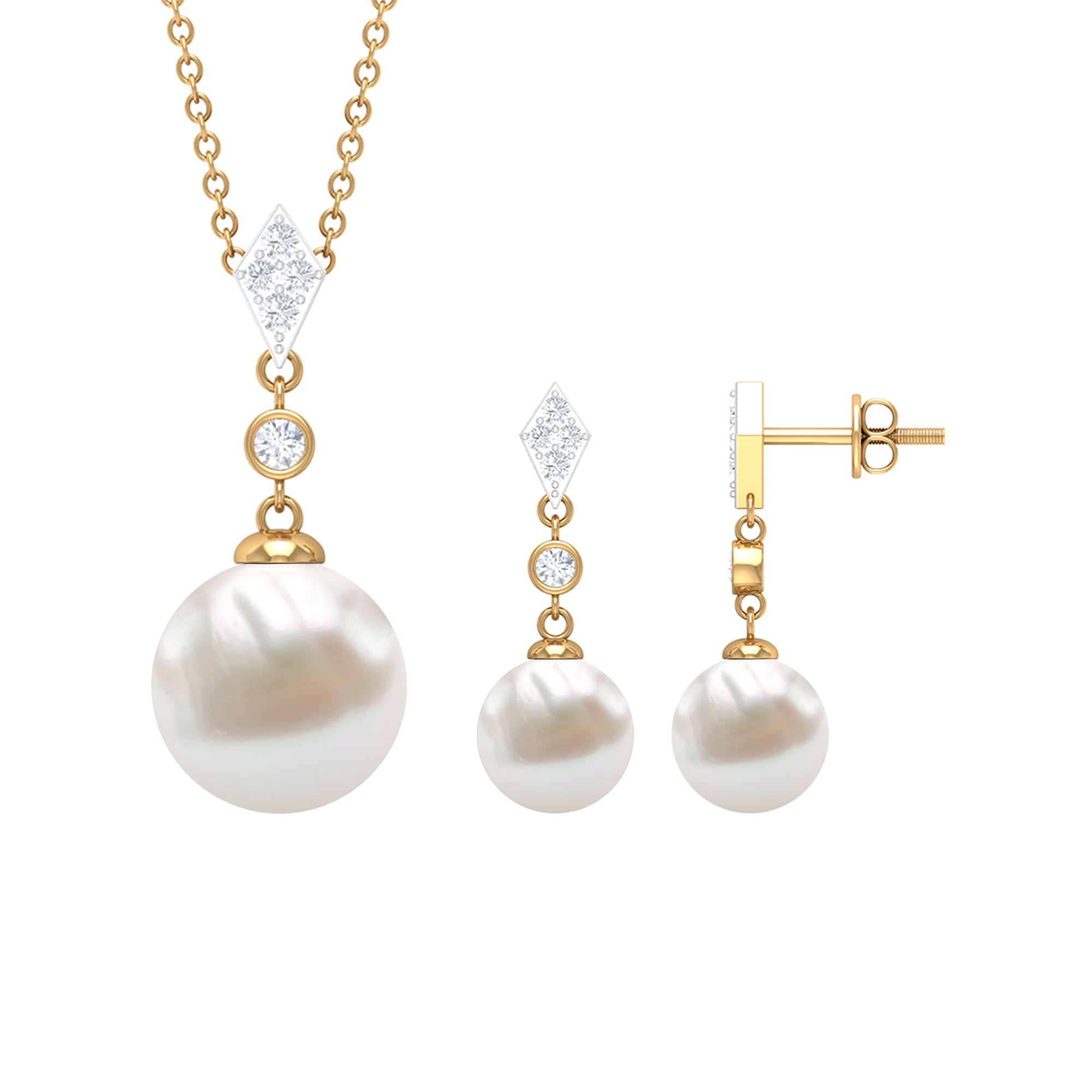 Freshwater Pearl Simple Dangle Drop Pendant and Earrings Set with Diamond Freshwater Pearl - ( AAA ) - Quality - Rosec Jewels