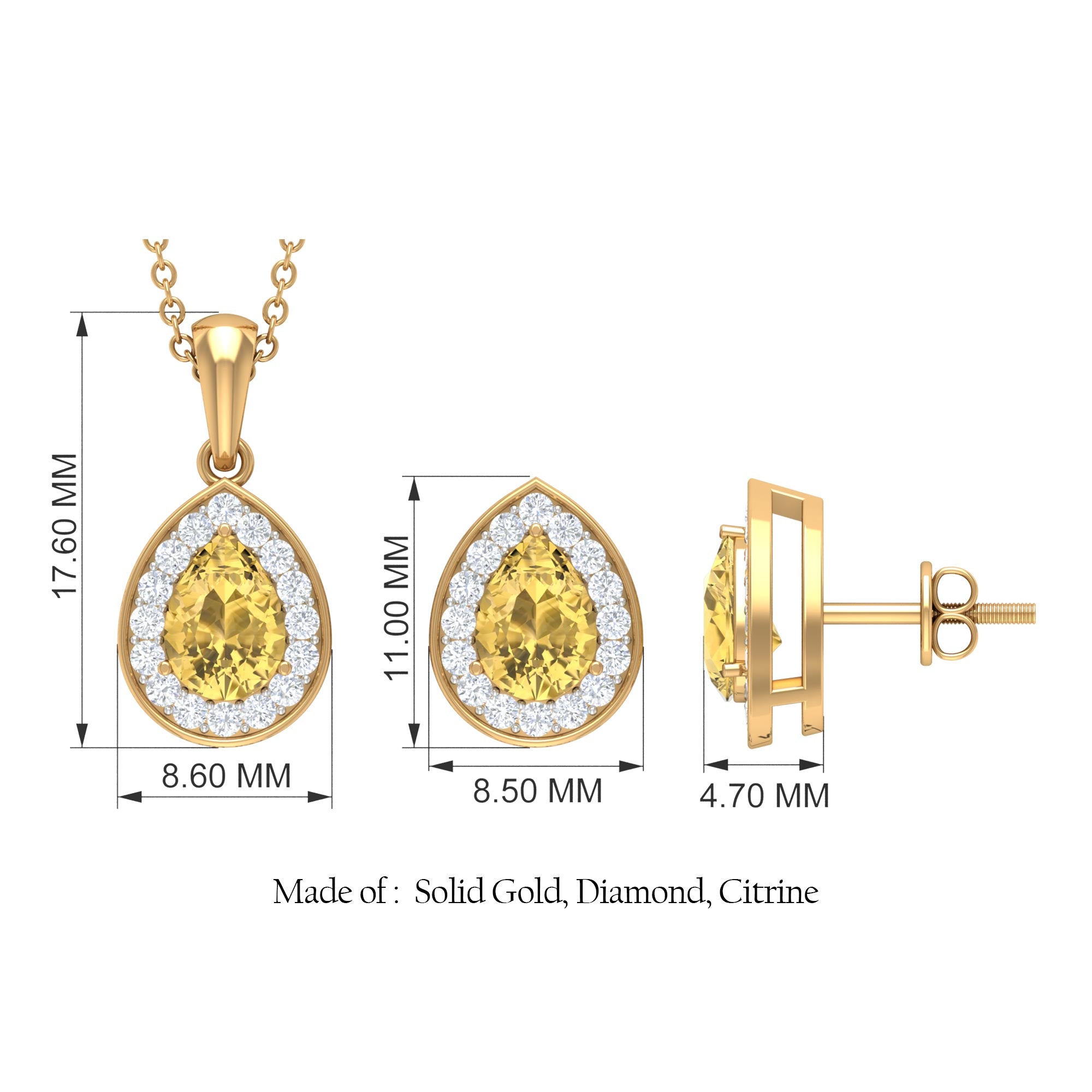 Citrine Teardrop jewelry Set with Moissanite Halo Citrine - ( AAA ) - Quality - Rosec Jewels