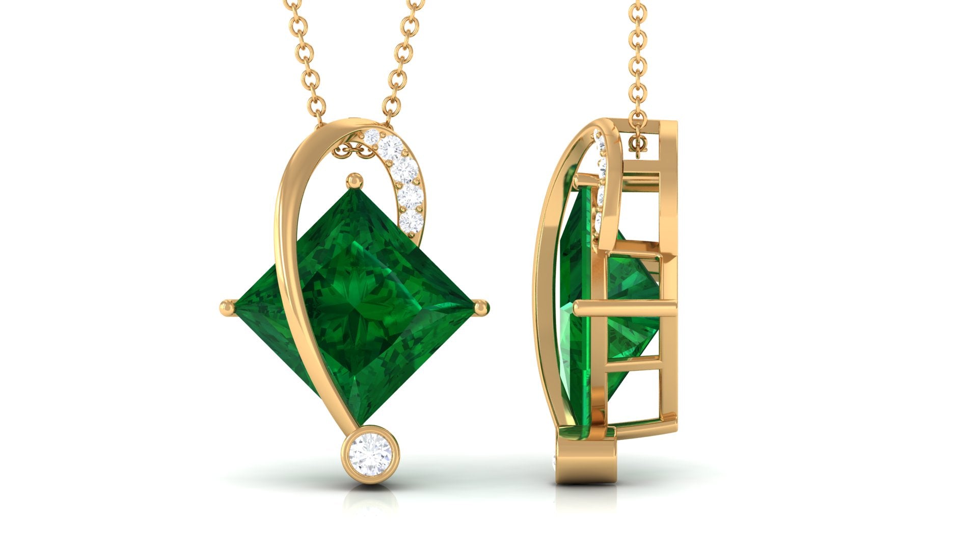 Certified Created Emerald Princess Cut Solitaire Diagonal Pendant with Diamond Lab Created Emerald - ( AAAA ) - Quality - Rosec Jewels