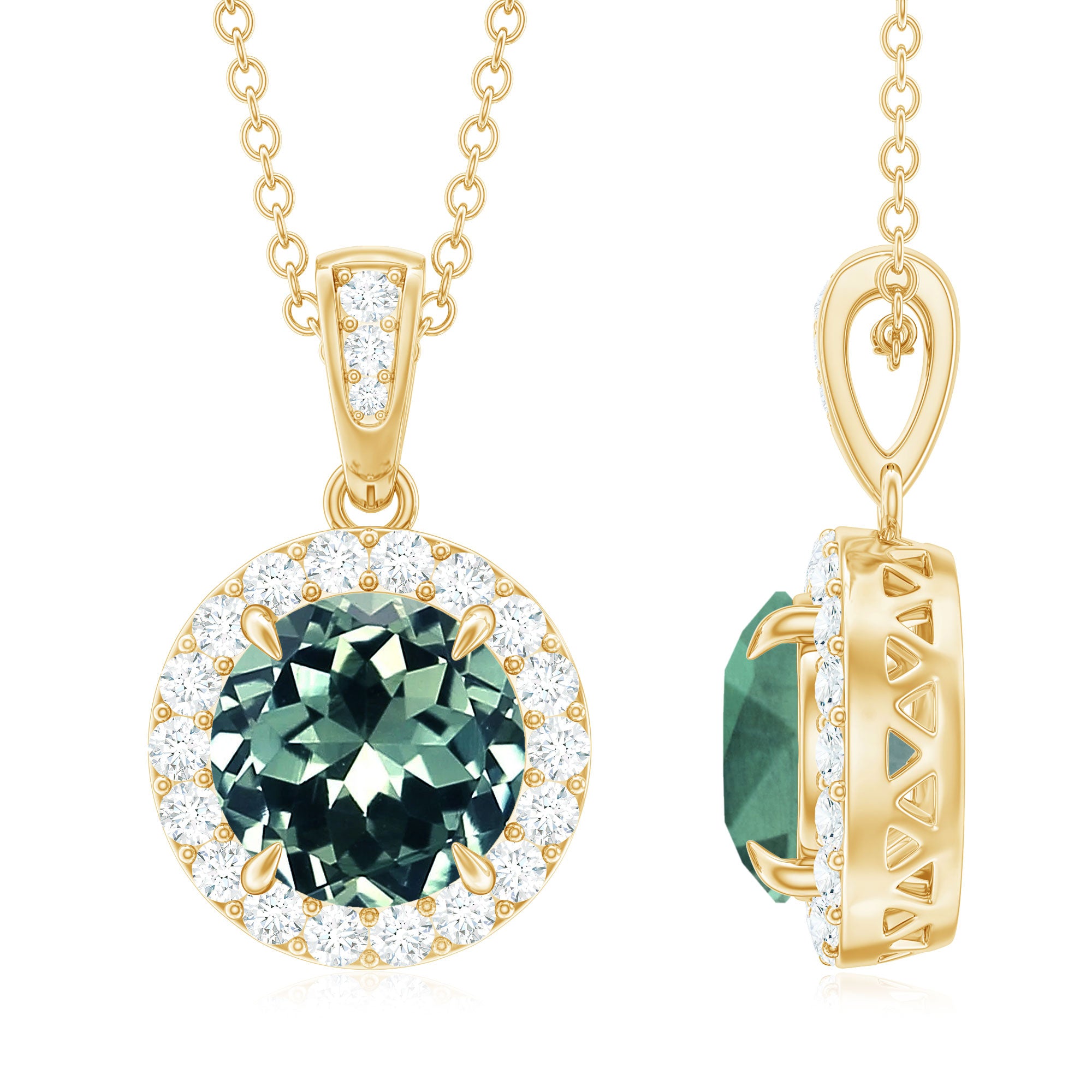 Created Green Sapphire and Moissanite Halo Pendant Necklace Lab Created Green Sapphire - ( AAAA ) - Quality - Rosec Jewels