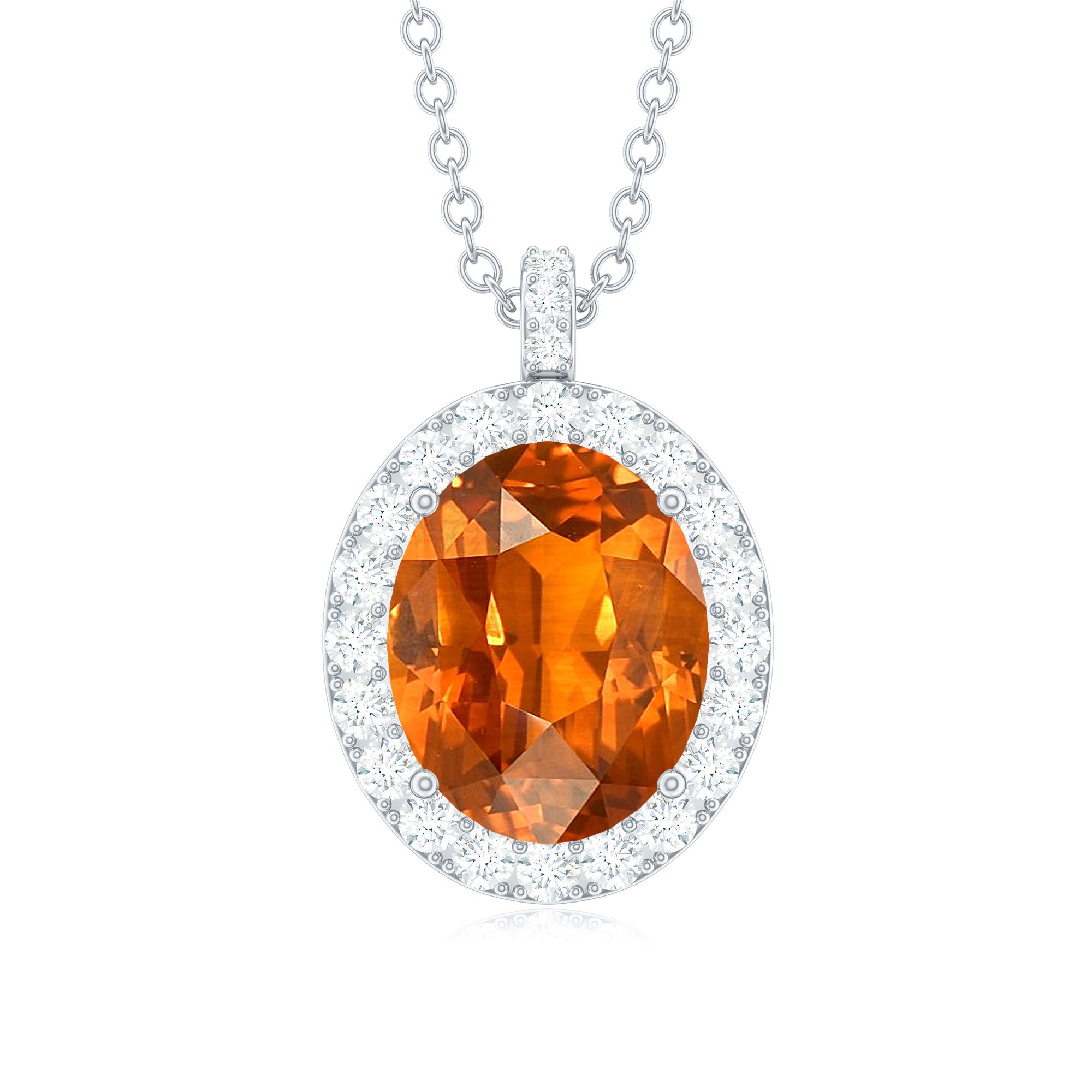 Oval Created Orange Sapphire and Diamond Halo Pendant Lab Created Orange Sapphire - ( AAAA ) - Quality - Rosec Jewels