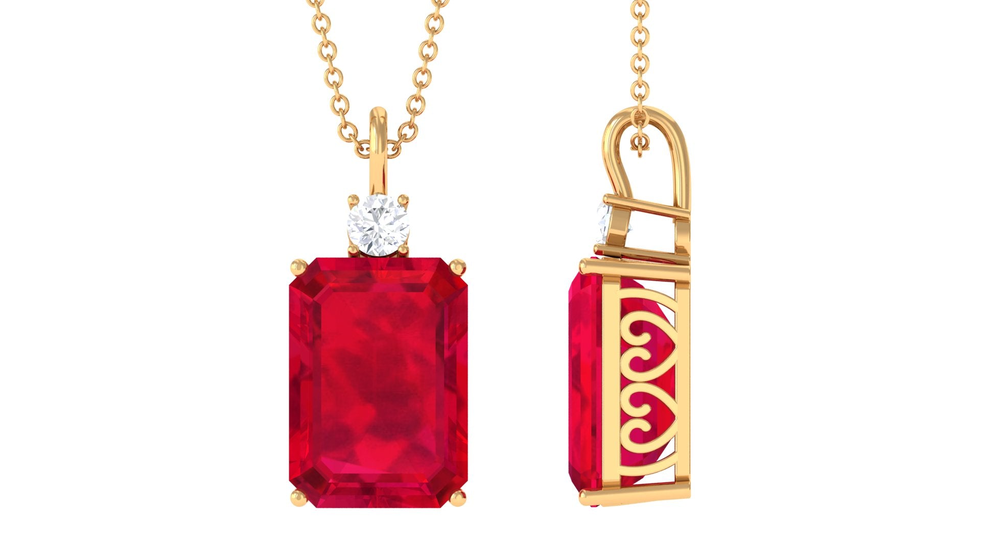 Octagon Cut Created Ruby Solitaire Pendant with Moissanite Lab Created Ruby - ( AAAA ) - Quality - Rosec Jewels