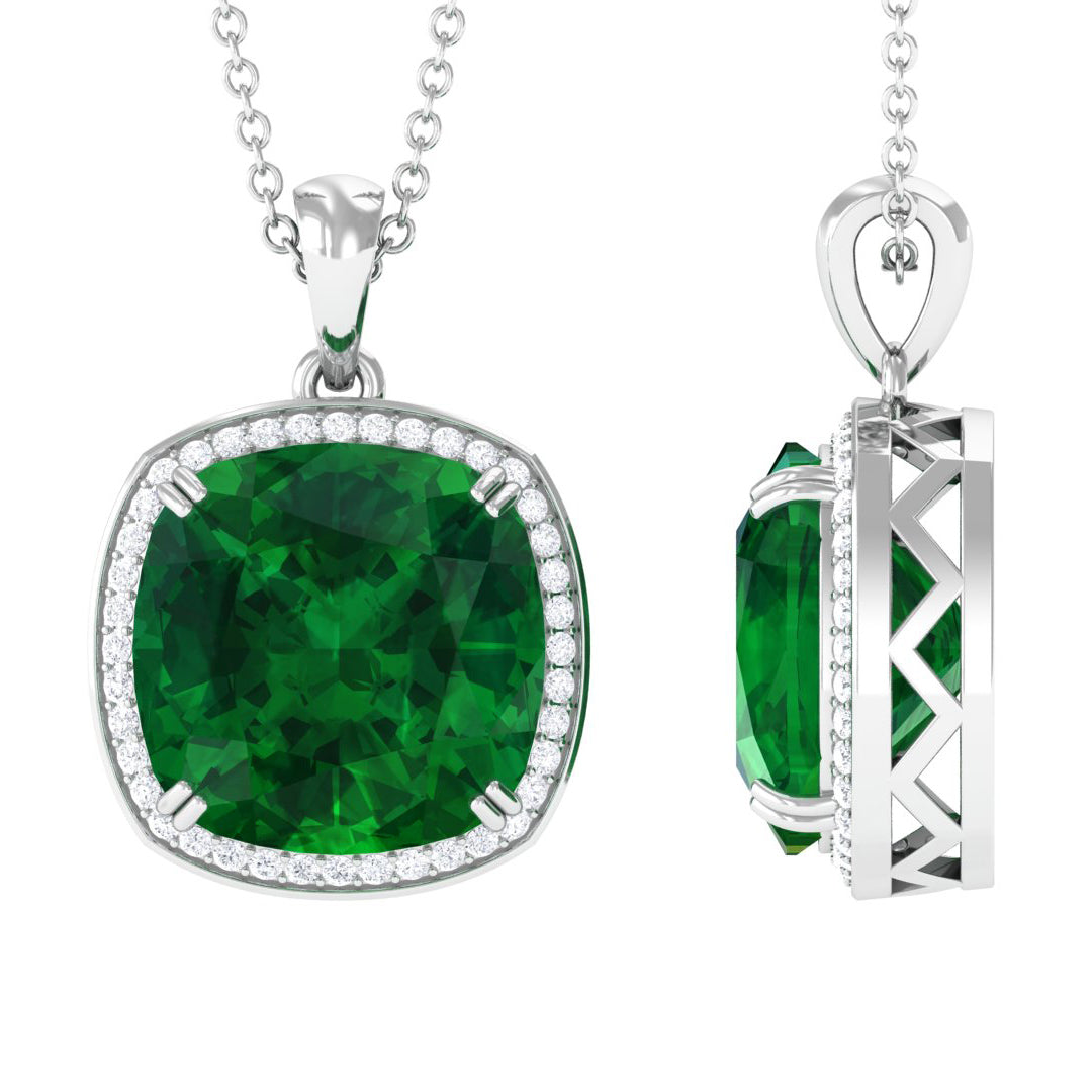 Cushion Cut Created Emerald and Moissanite Halo Pendant Necklace Lab Created Emerald - ( AAAA ) - Quality - Rosec Jewels