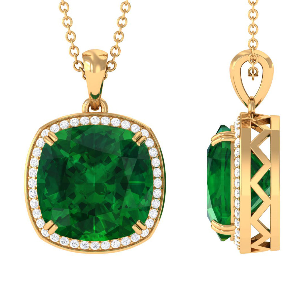 Cushion Cut Created Emerald and Moissanite Halo Pendant Necklace Lab Created Emerald - ( AAAA ) - Quality - Rosec Jewels