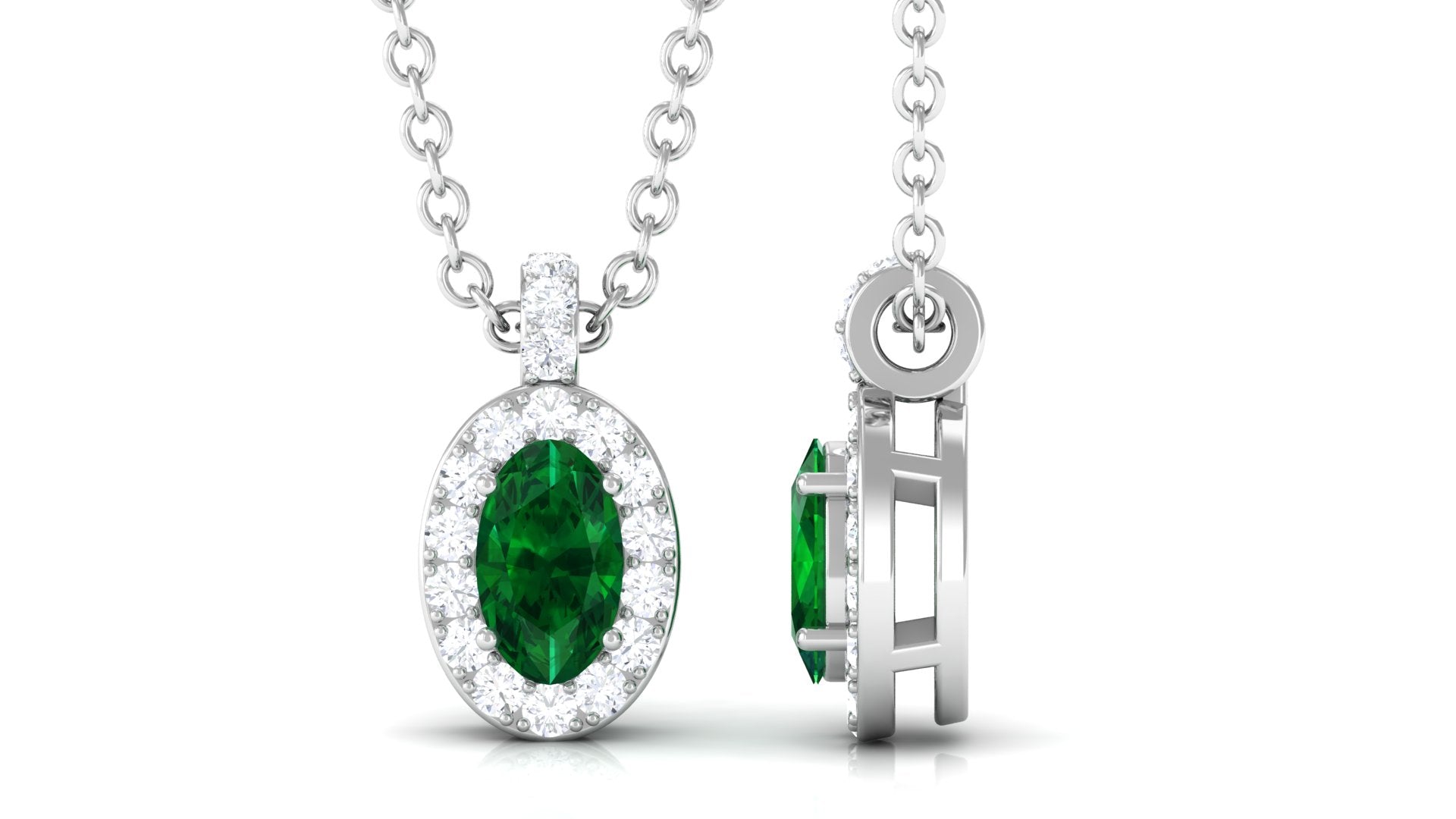 Created Emerald Oval Pendant Necklace with Diamond Lab Created Emerald - ( AAAA ) - Quality - Rosec Jewels