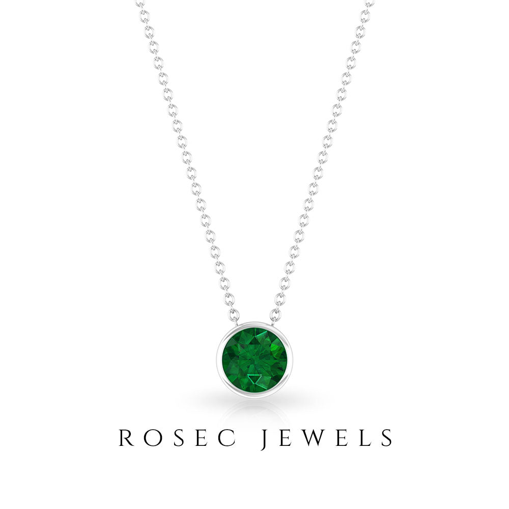 Round Shape Emerald Solitaire Necklace in Bezel Setting Emerald - ( AAA ) - Quality - Rosec Jewels