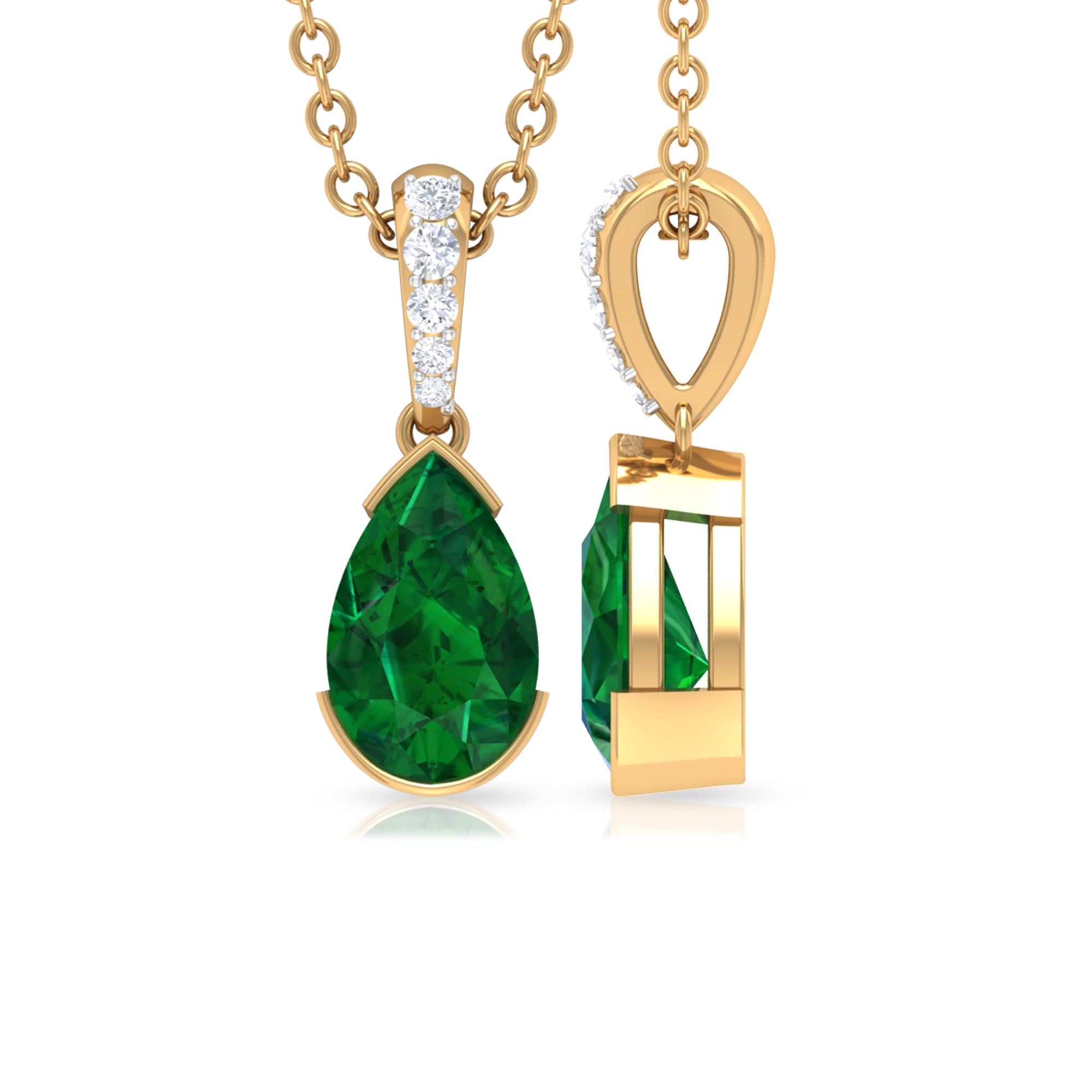 3/4 CT Pear Cut Emerald Solitaire Pendant in Half Bezel Setting with Diamond Accent Bail Emerald - ( AAA ) - Quality - Rosec Jewels