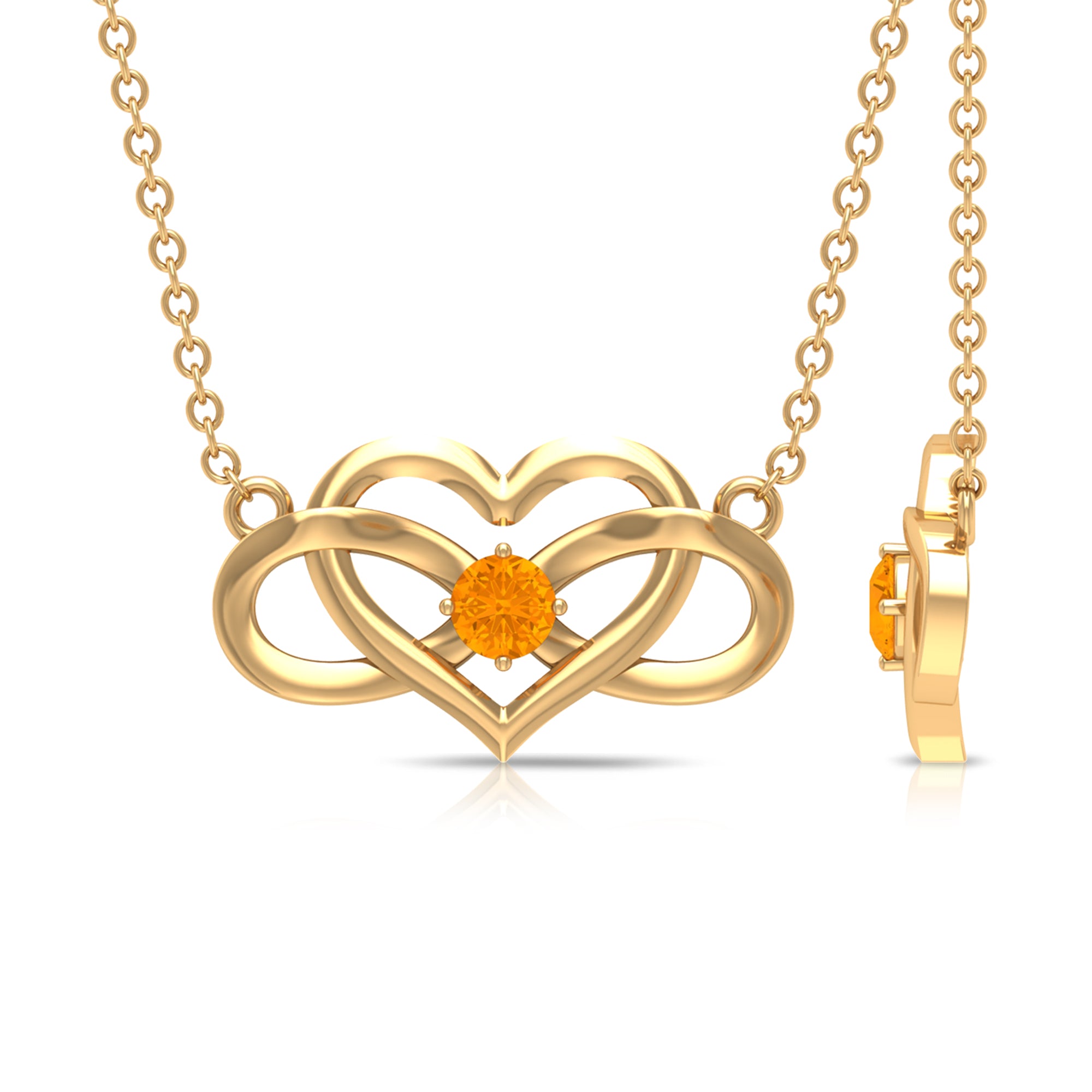 Round Shape Orange Sapphire and Gold Infinity Heart Necklace in Prong Setting Orange Sapphire - ( AAA ) - Quality - Rosec Jewels