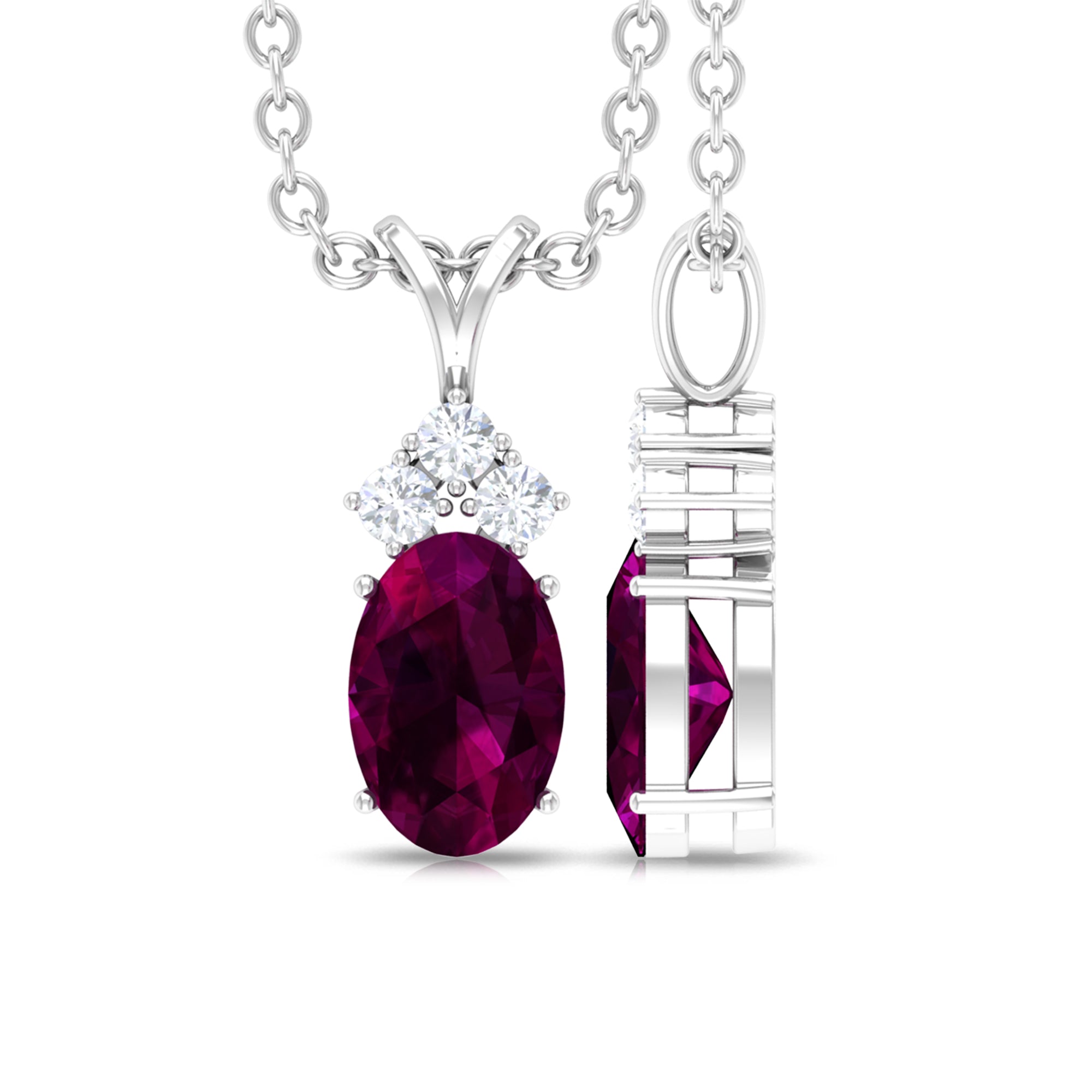 Minimal Oval Rhodolite Pendant with Diamond Stones Rhodolite - ( AAA ) - Quality - Rosec Jewels