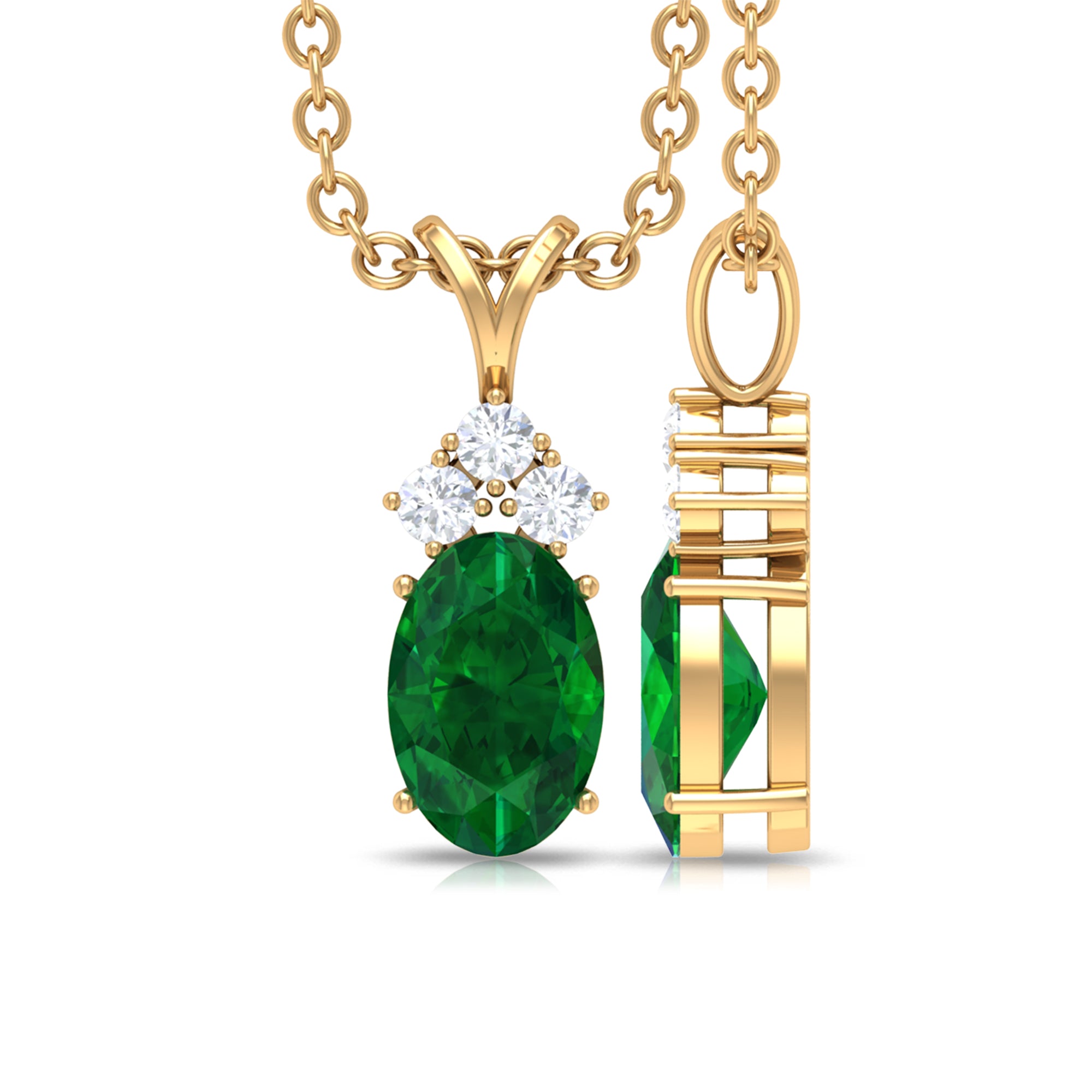 Simple Emerald Oval Pendant Necklace with Diamond Trio Emerald - ( AAA ) - Quality - Rosec Jewels