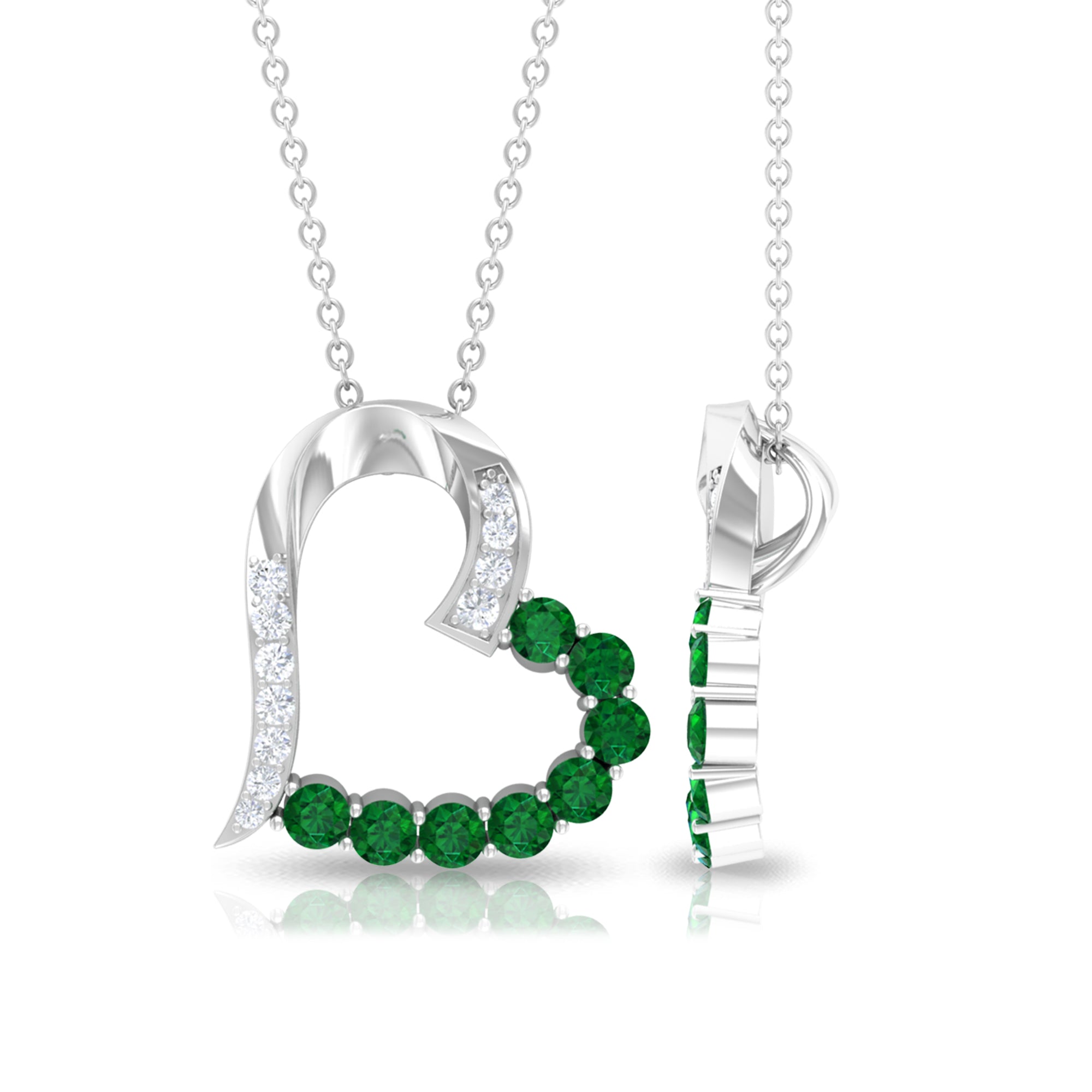 Emerald and Diamond Open Heart Pendant Necklace Emerald - ( AAA ) - Quality - Rosec Jewels