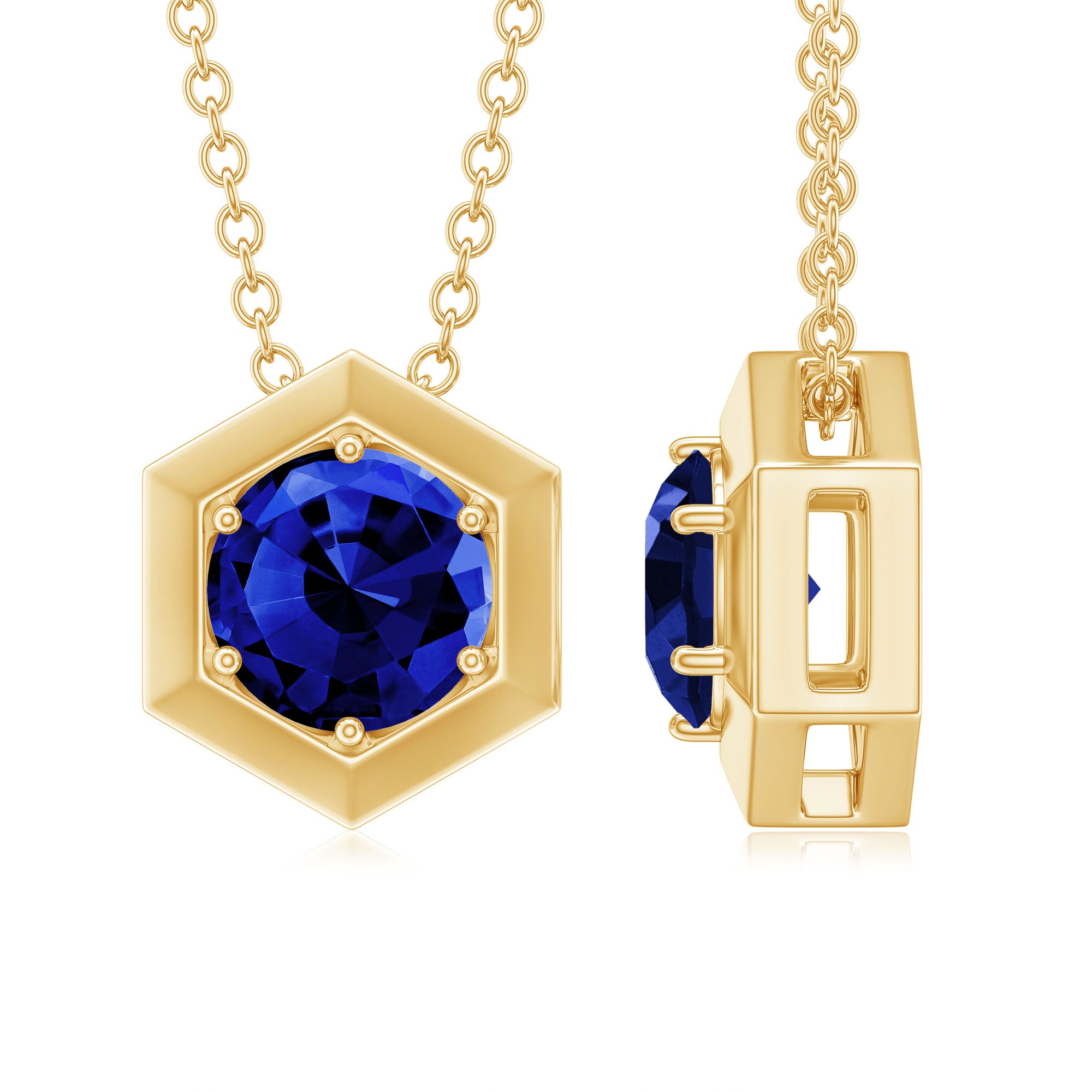 Round Created Blue Sapphire Hexagon Shape Pendant Necklace Lab Created Blue Sapphire - ( AAAA ) - Quality - Rosec Jewels