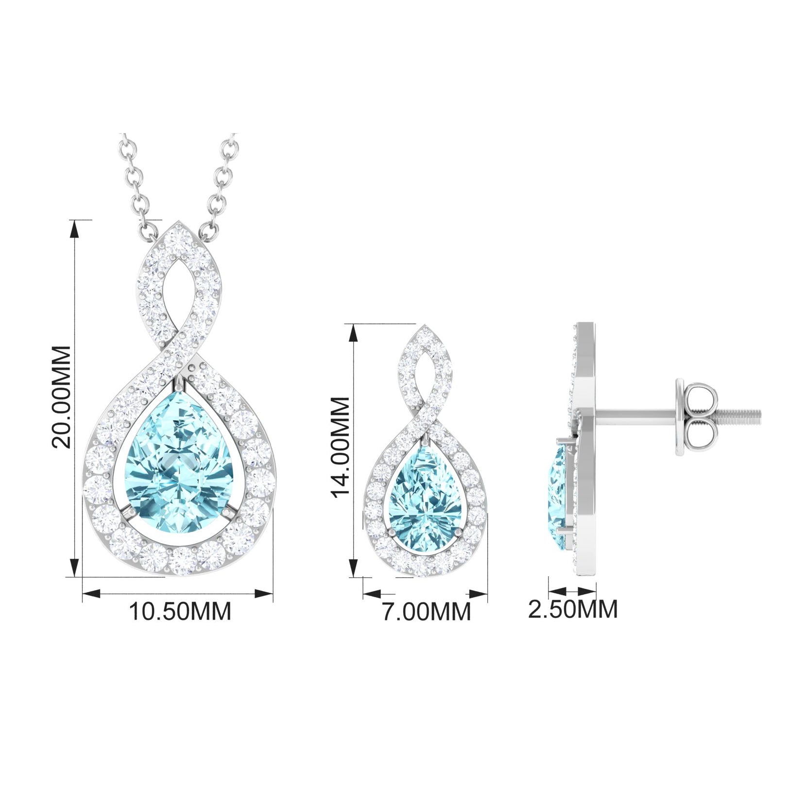 Aquamarine Teardrop Jewelry Set with Moissanite Infinity Aquamarine - ( AAA ) - Quality - Rosec Jewels