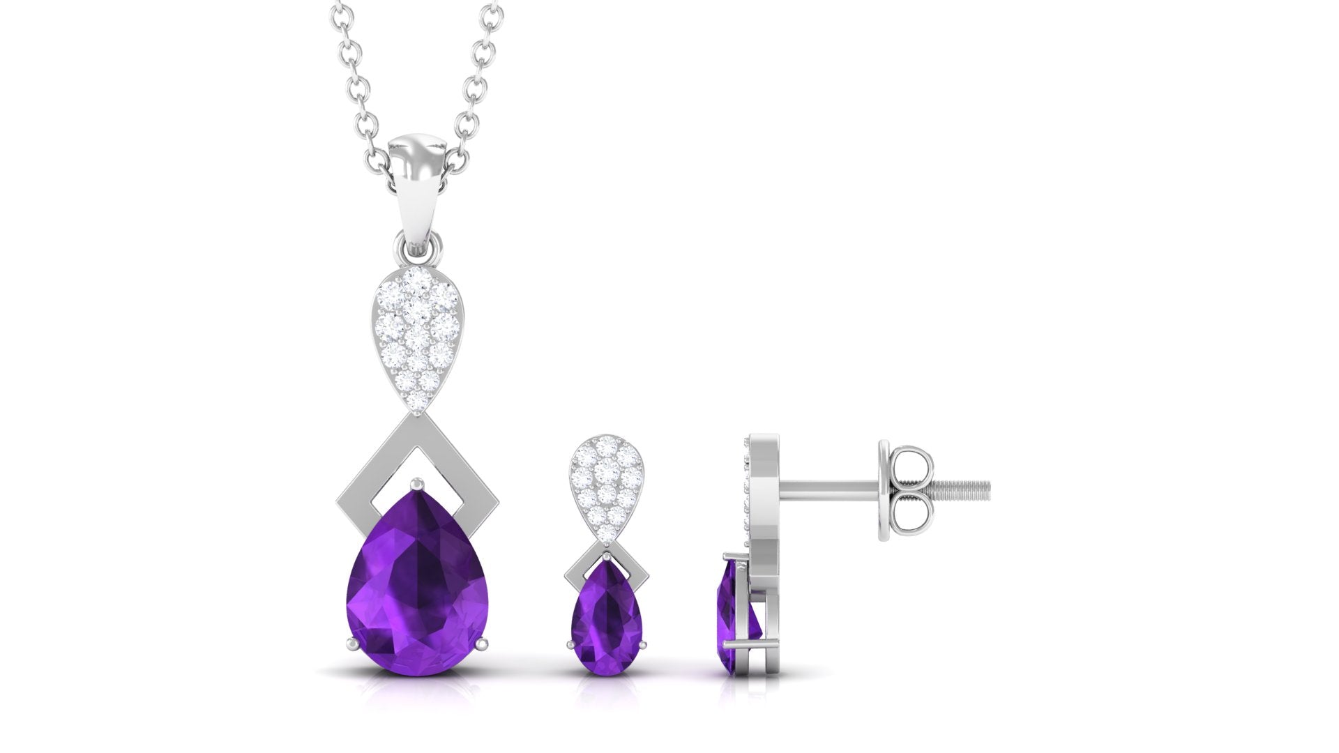 Natural Amethyst and Diamond Dangle Pendant and Earrings Set Amethyst - ( AAA ) - Quality - Rosec Jewels