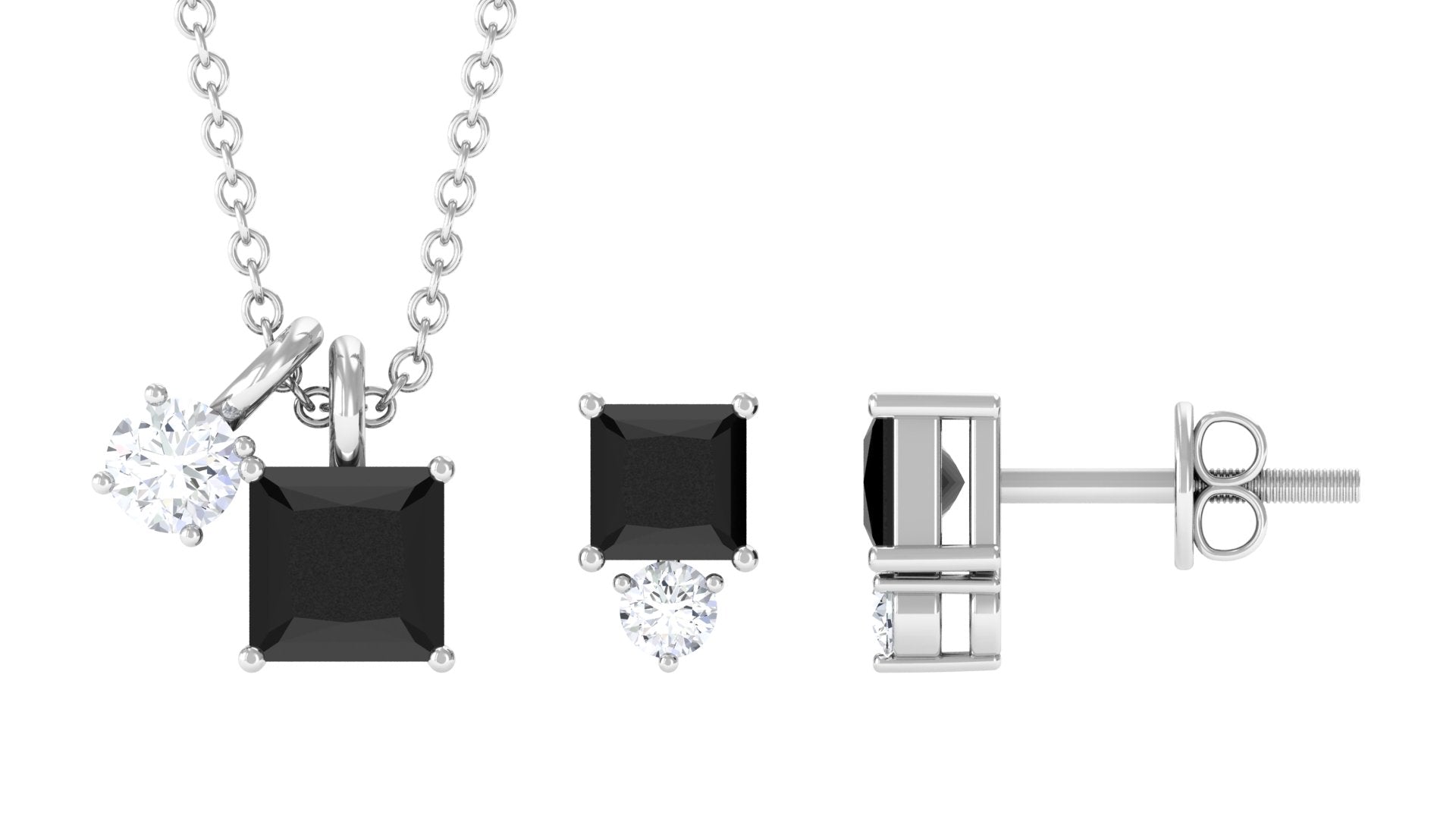 Princess Cut Black Onyx Jewelry Set with Diamond Black Onyx - ( AAA ) - Quality - Rosec Jewels