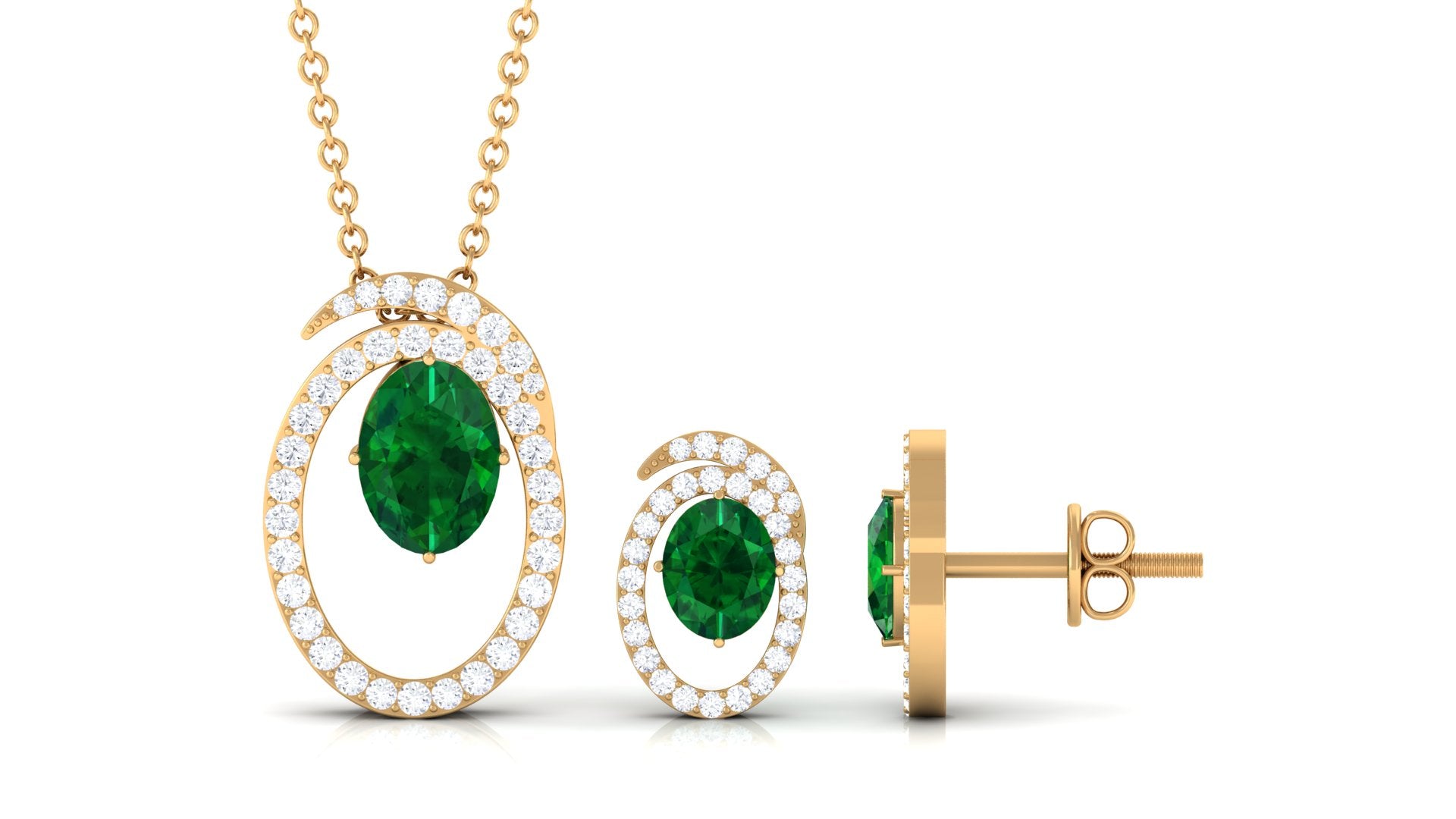 Oval Created Emerald and Moissanite Contemporary Jewelry Set Lab Created Emerald - ( AAAA ) - Quality - Rosec Jewels