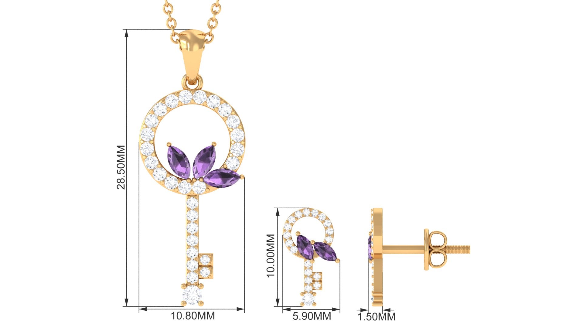 Genuine Amethyst Leaf and Diamond Key Jewelry Set Amethyst - ( AAA ) - Quality - Rosec Jewels