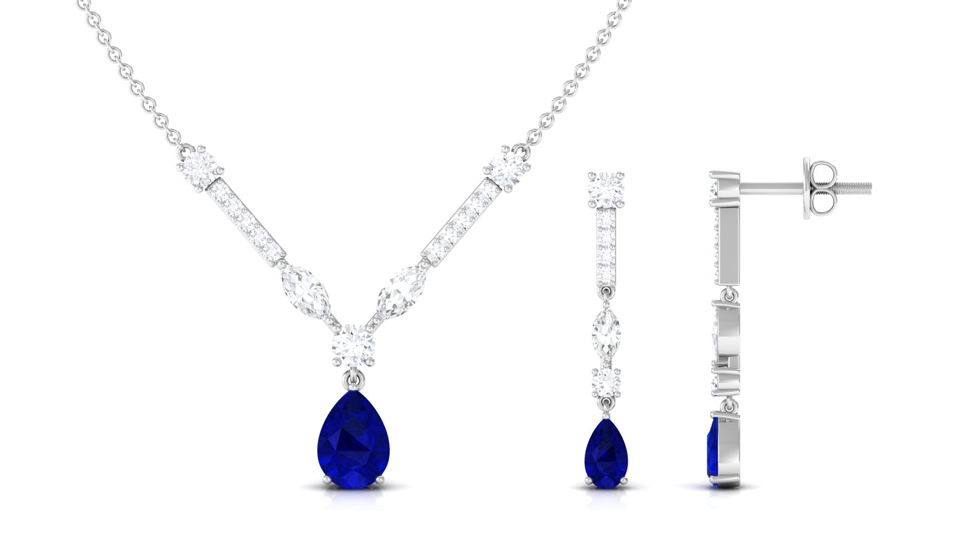 Created Blue Sapphire and Moissanite Drop Necklace Earrings Set Lab Created Blue Sapphire - ( AAAA ) - Quality - Rosec Jewels