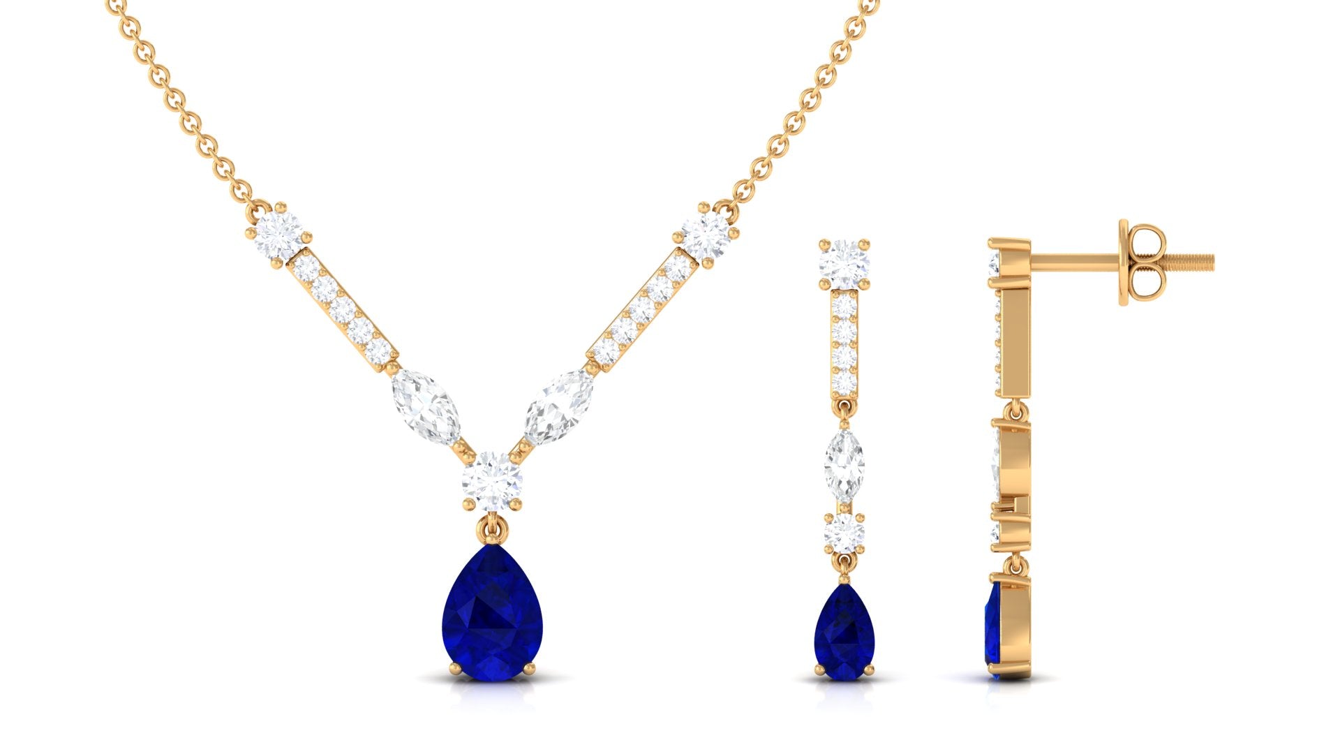 Created Blue Sapphire and Moissanite Drop Necklace Earrings Set Lab Created Blue Sapphire - ( AAAA ) - Quality - Rosec Jewels